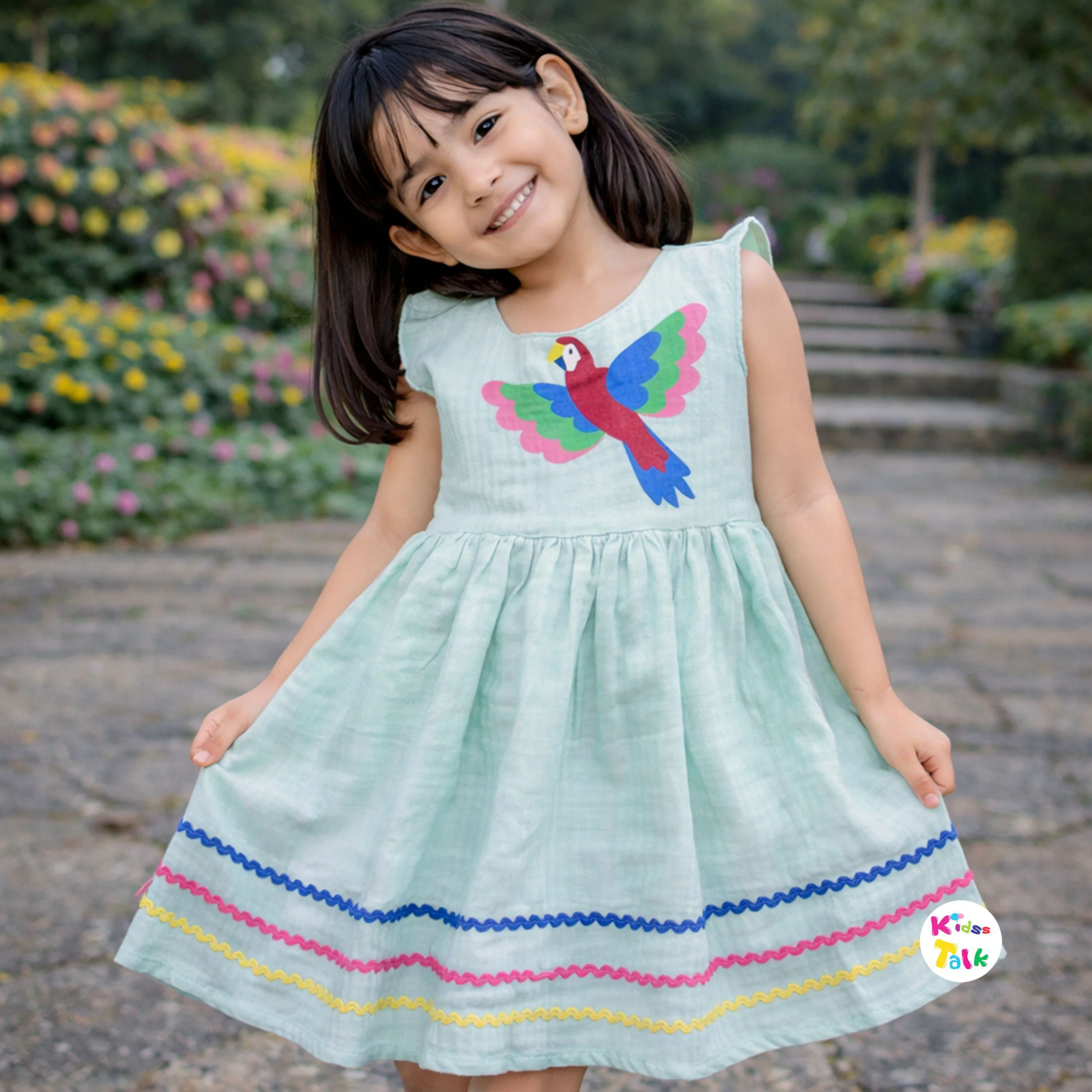 Muslin Sleeveless Frock With Cute Printed - Ice Bue