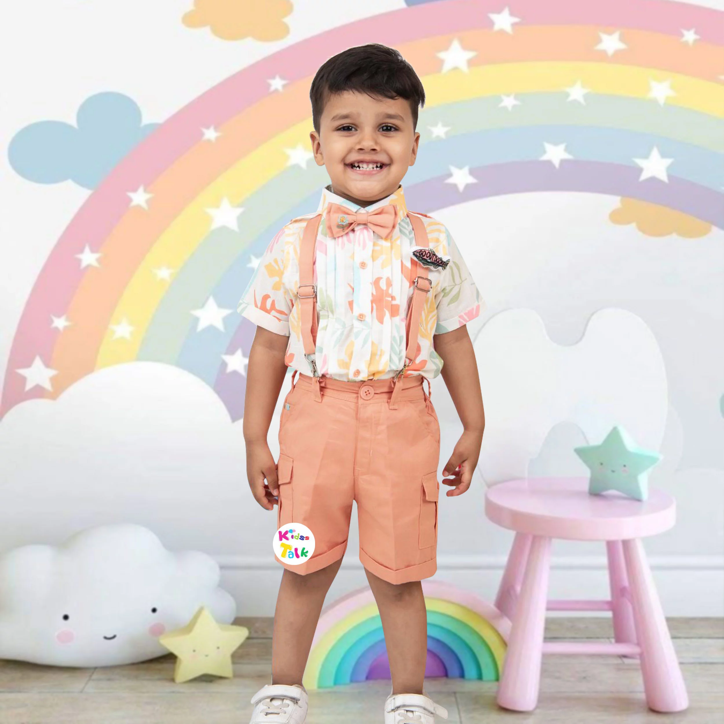 Cotton Half Sleeve Shirt With Full Pant & Suspender - Orange