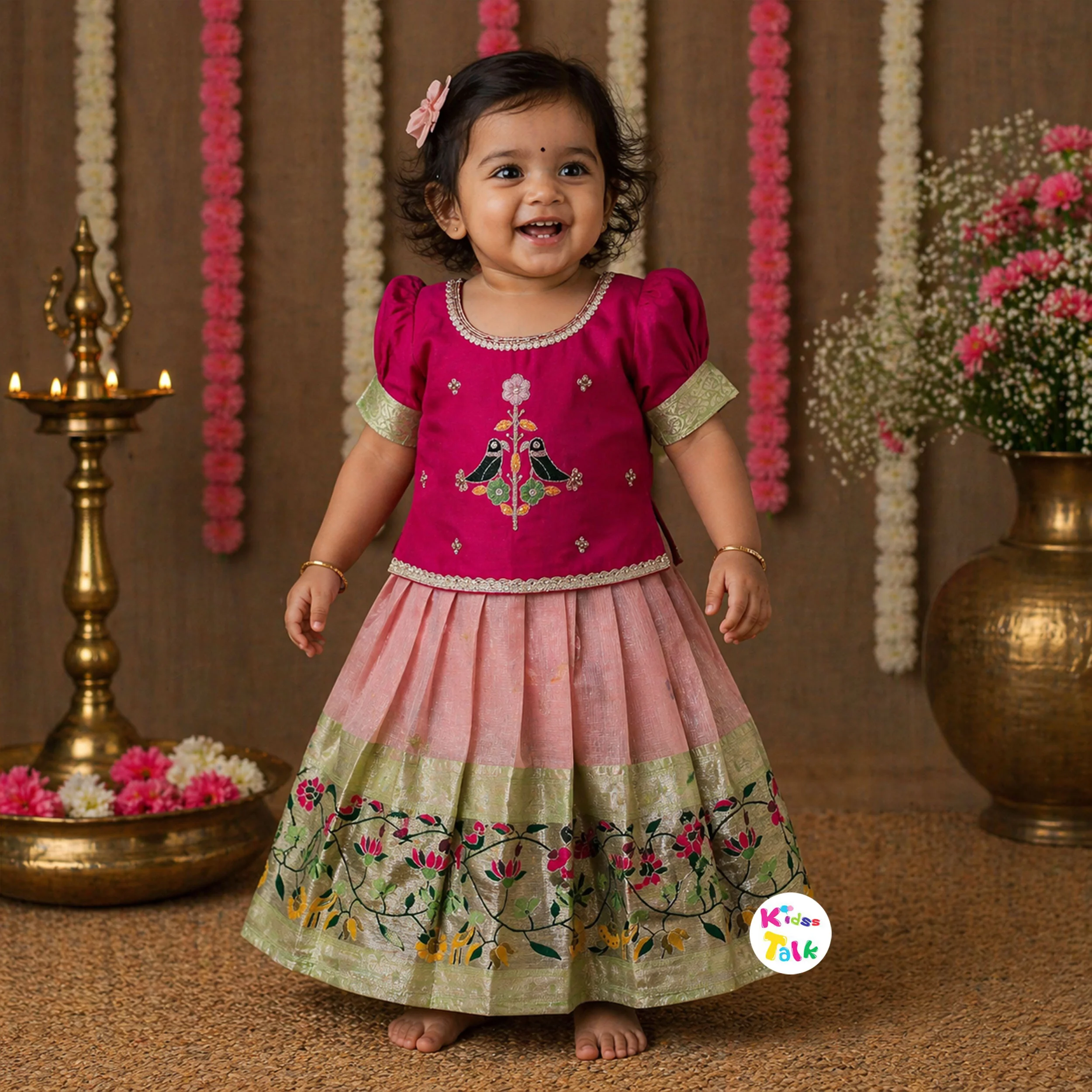Silk Half Sleeve Embroidered Top With Choli & Dupatta - Hot Pink