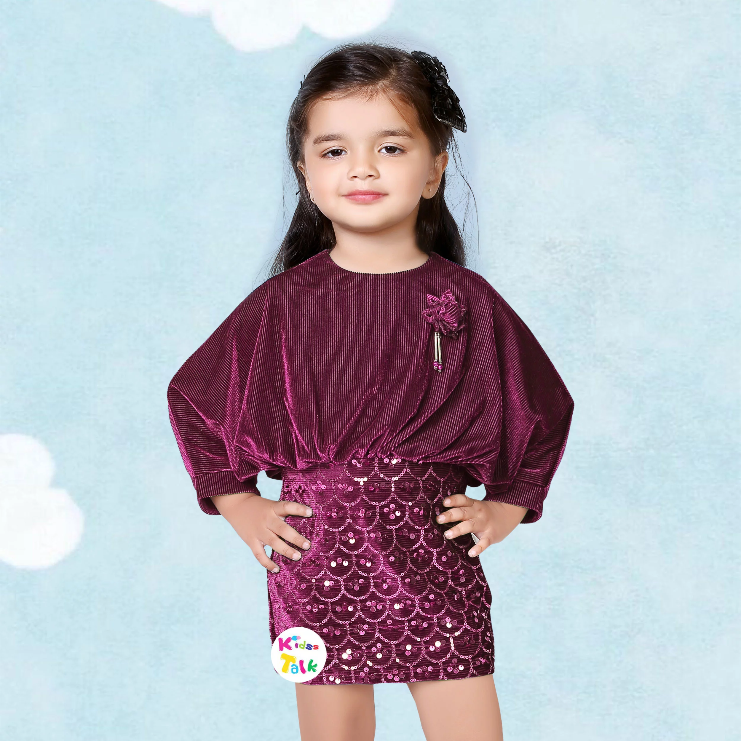 Soft Velvet Full Sleeve Party Frock With Sequins Worked - Wine