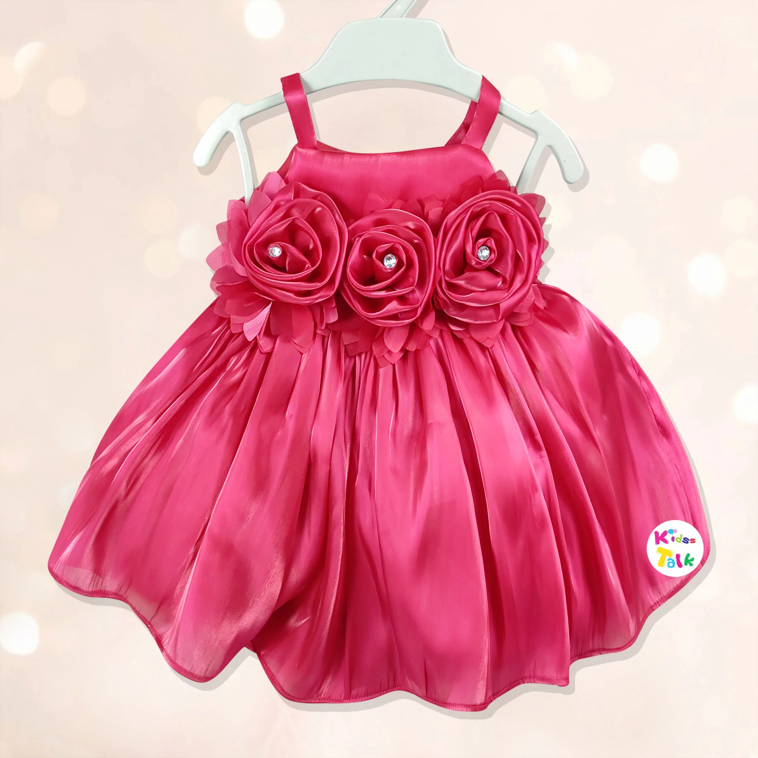 Satin Sleeveless Frock With Flower Applique - Hot Pink