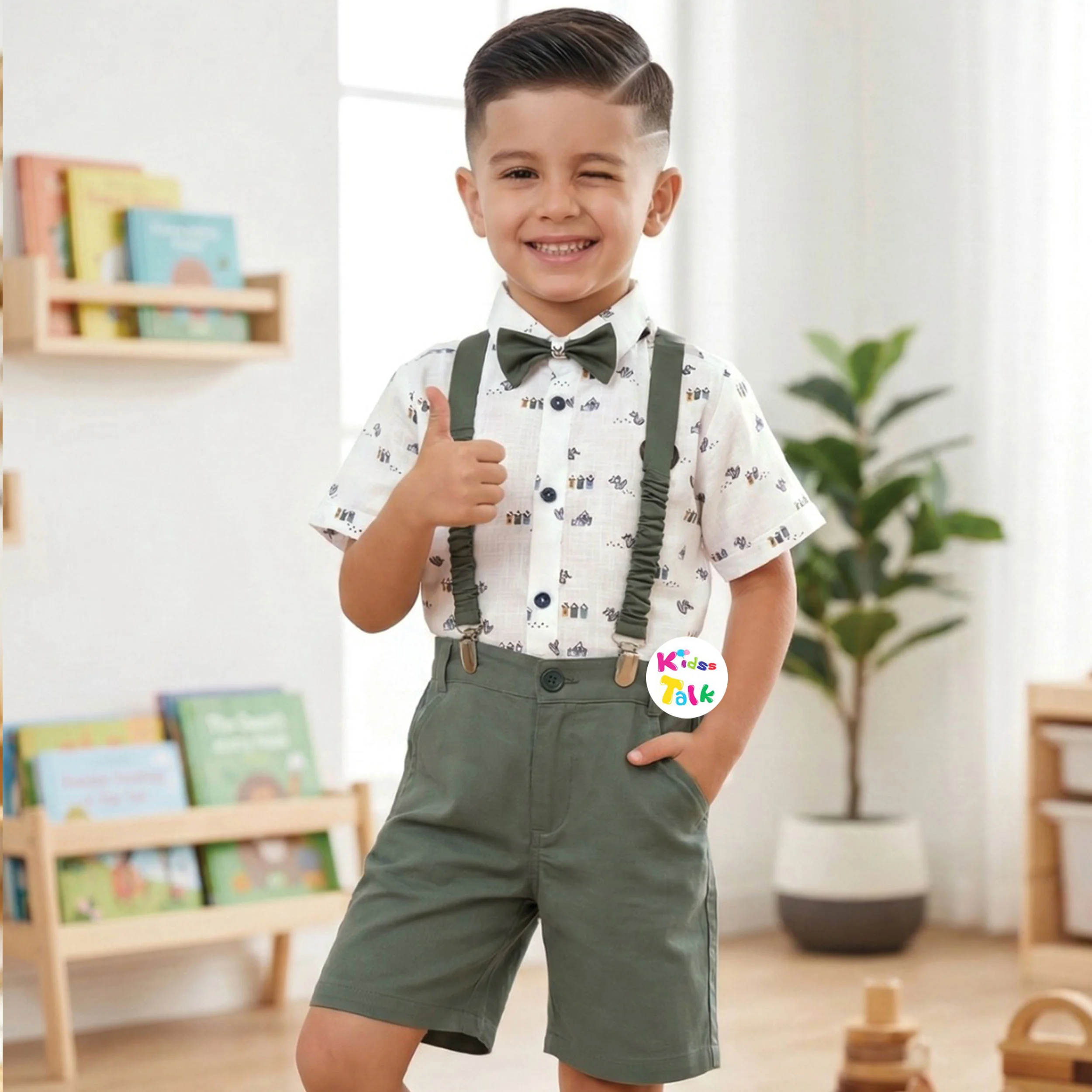 Cotton Half Sleeve Printed Shirt With Half Pant & Suspender - White