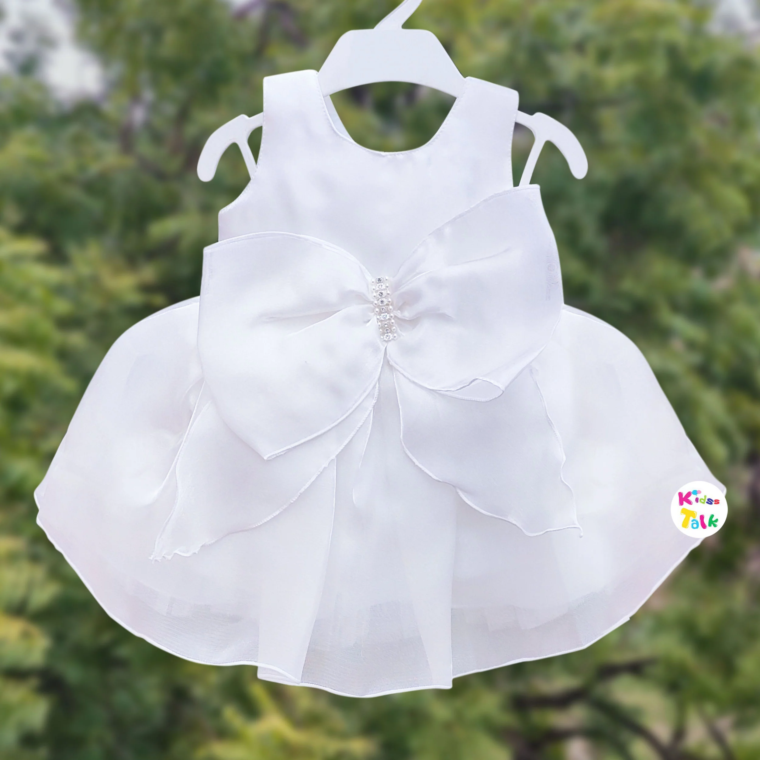 Satin Sleeveless Frock With Bow Applique - White