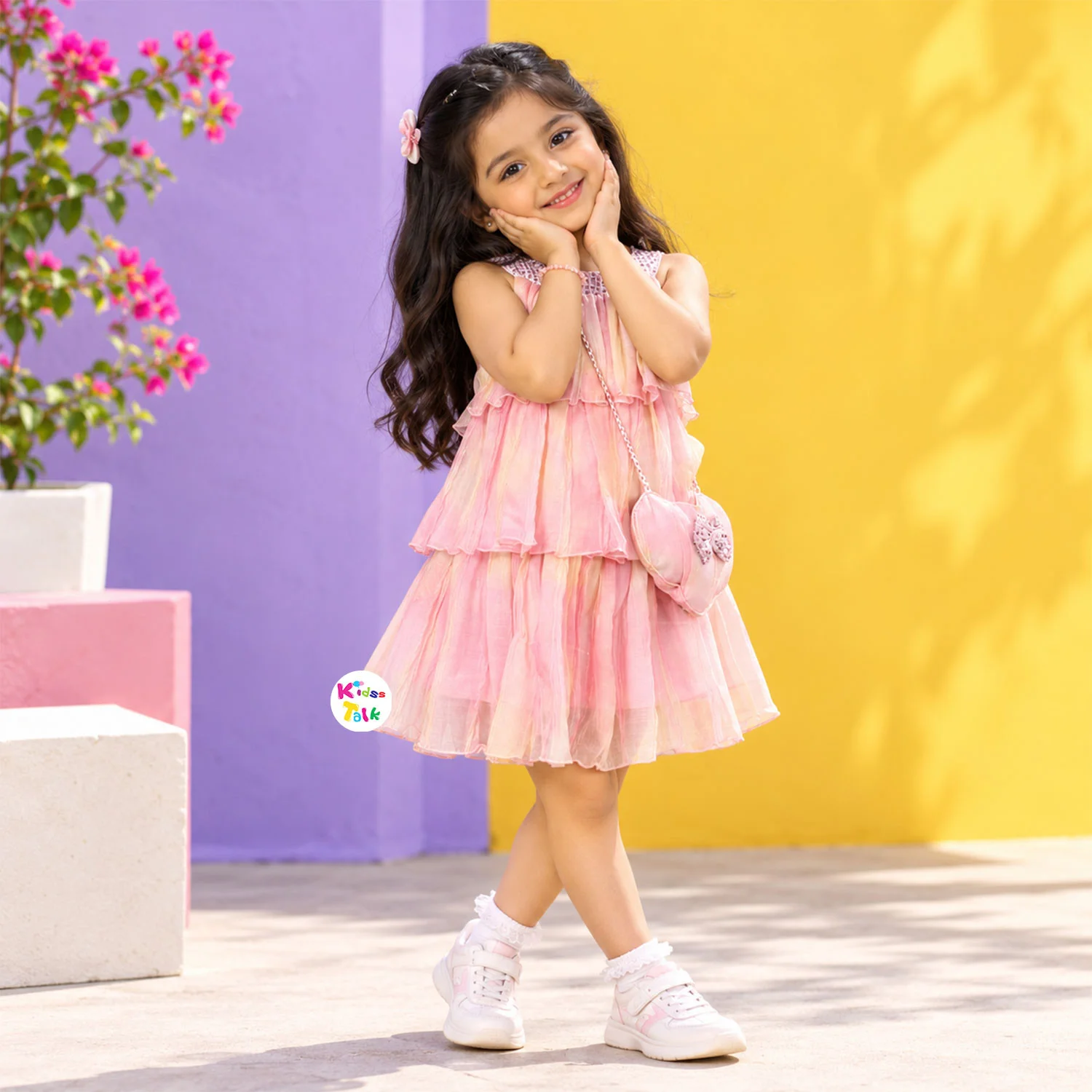 Chiffon Sleeveless Party Frock With Flower Applique-  Peach