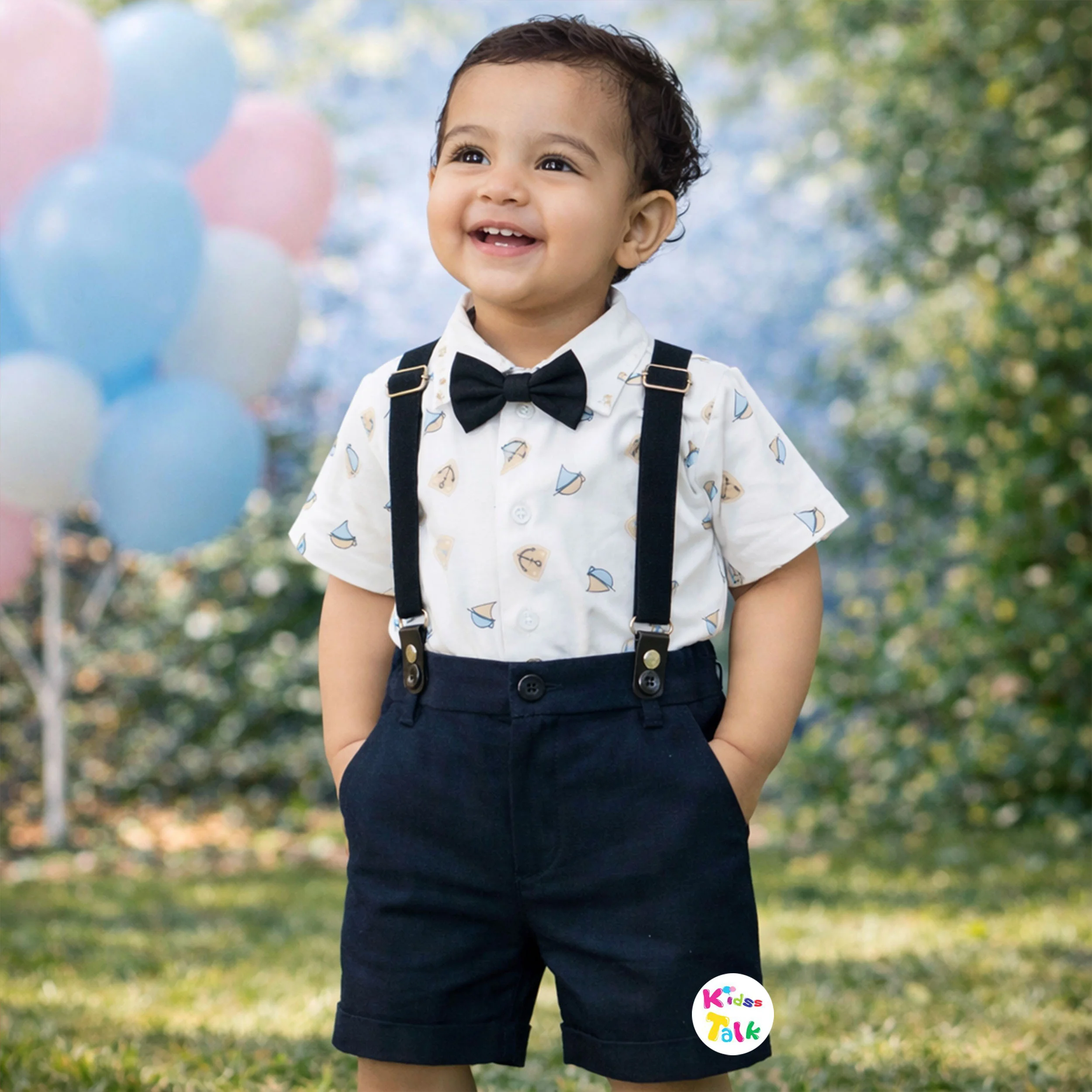 Cotton Knitted Half Sleeve T-shirt With Suspender - Navy Blue