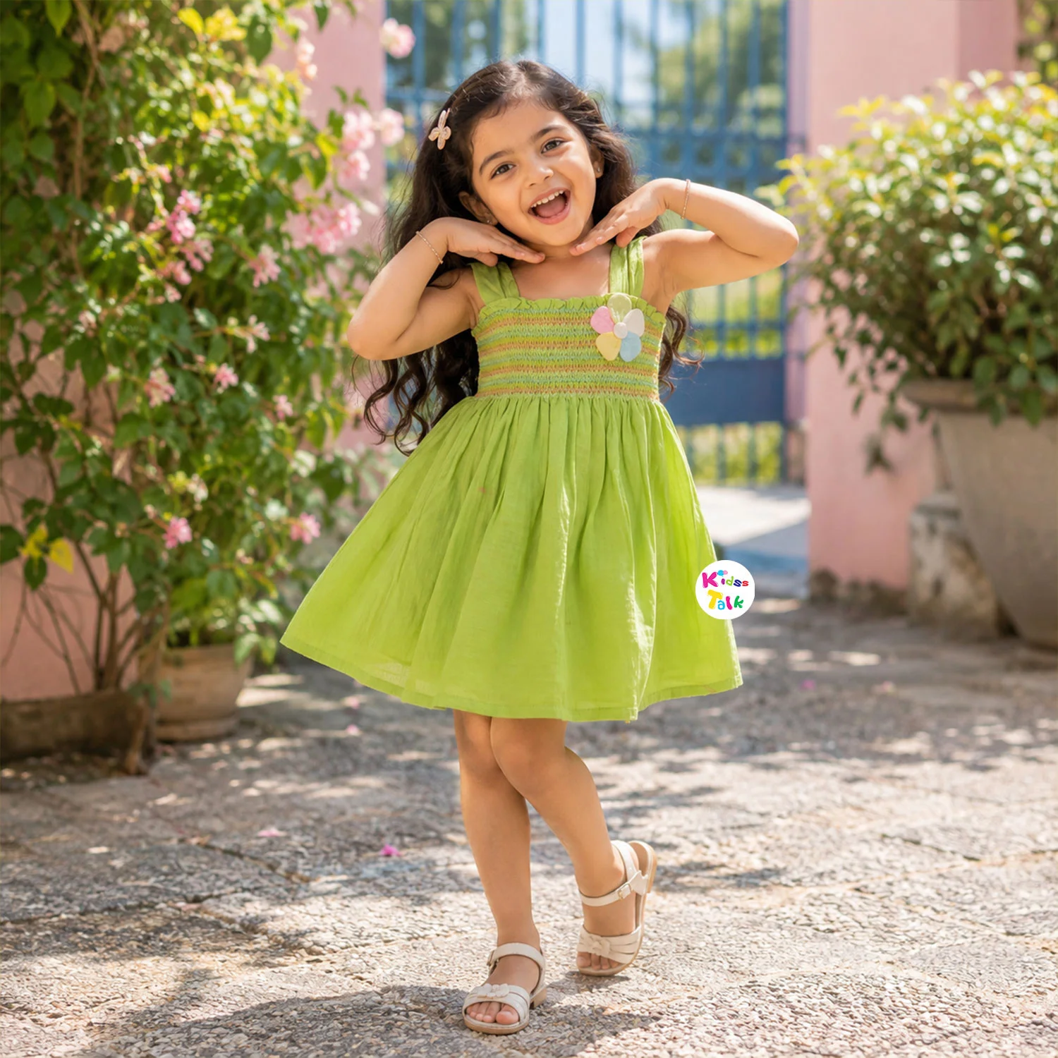 Soft Muslin Spaghetti Strap Frock With Artificial Flower - Pista Green