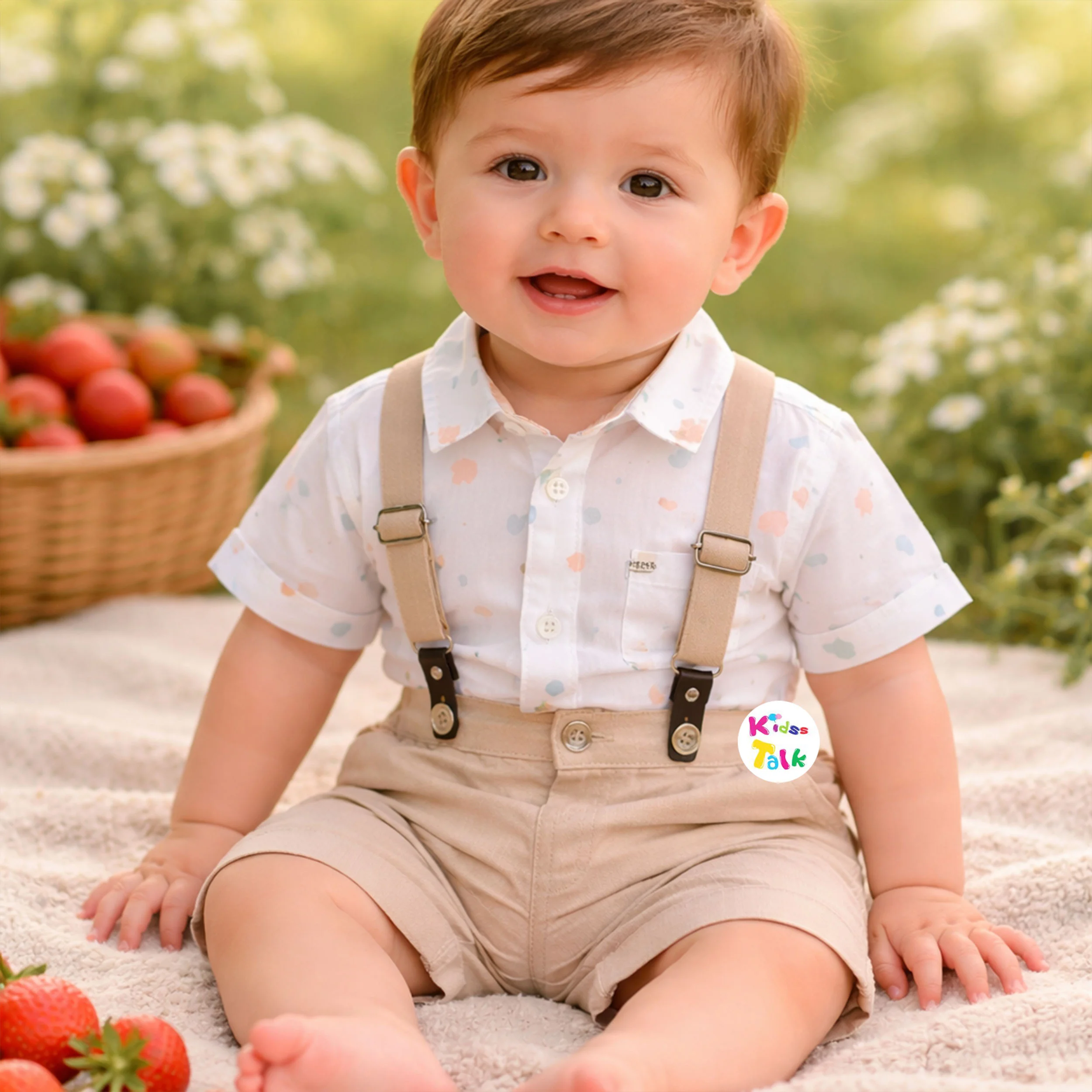 Cotton Half Sleeve Shirt With Half Pant & Suspender - Beige