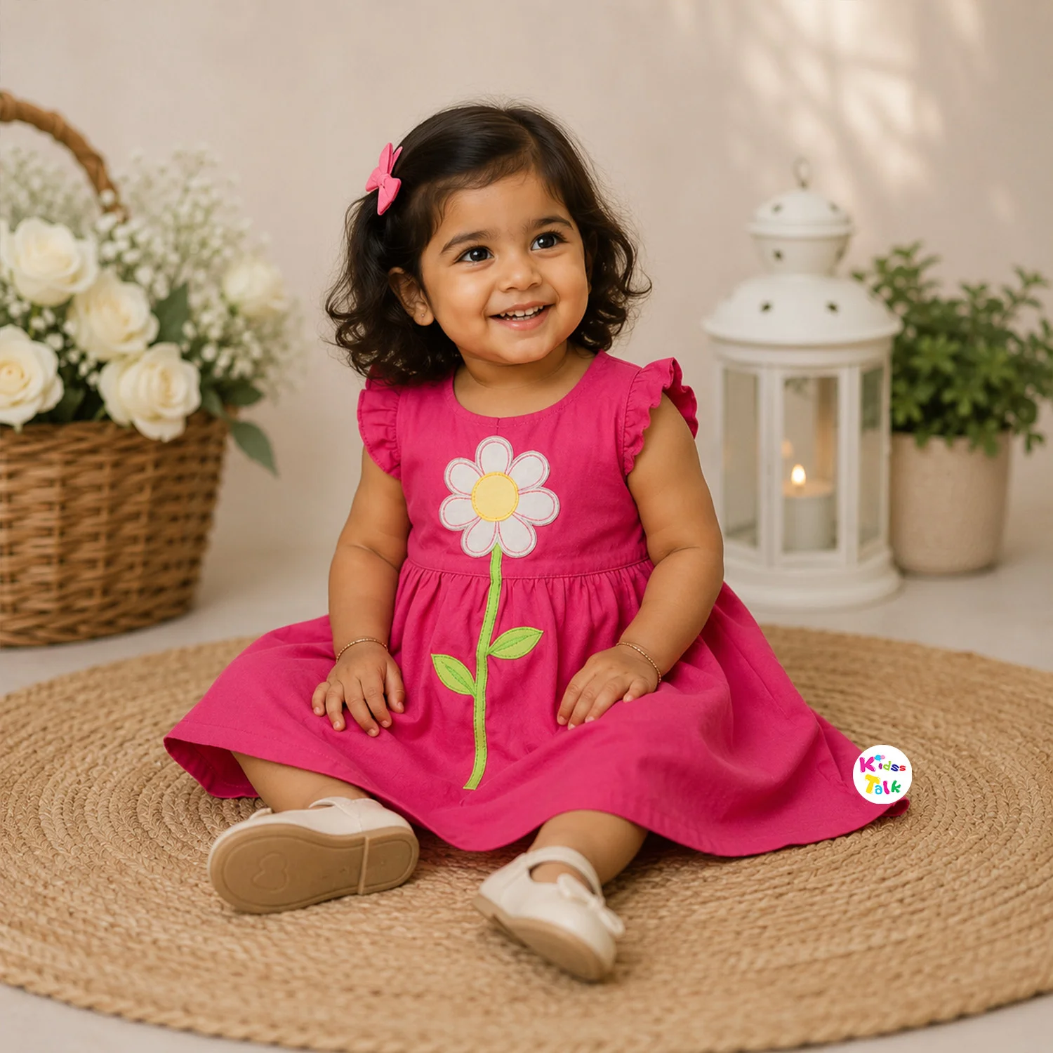 Cute Muslin Sleeveless Frock With Flower Patch Work - Hot Pink