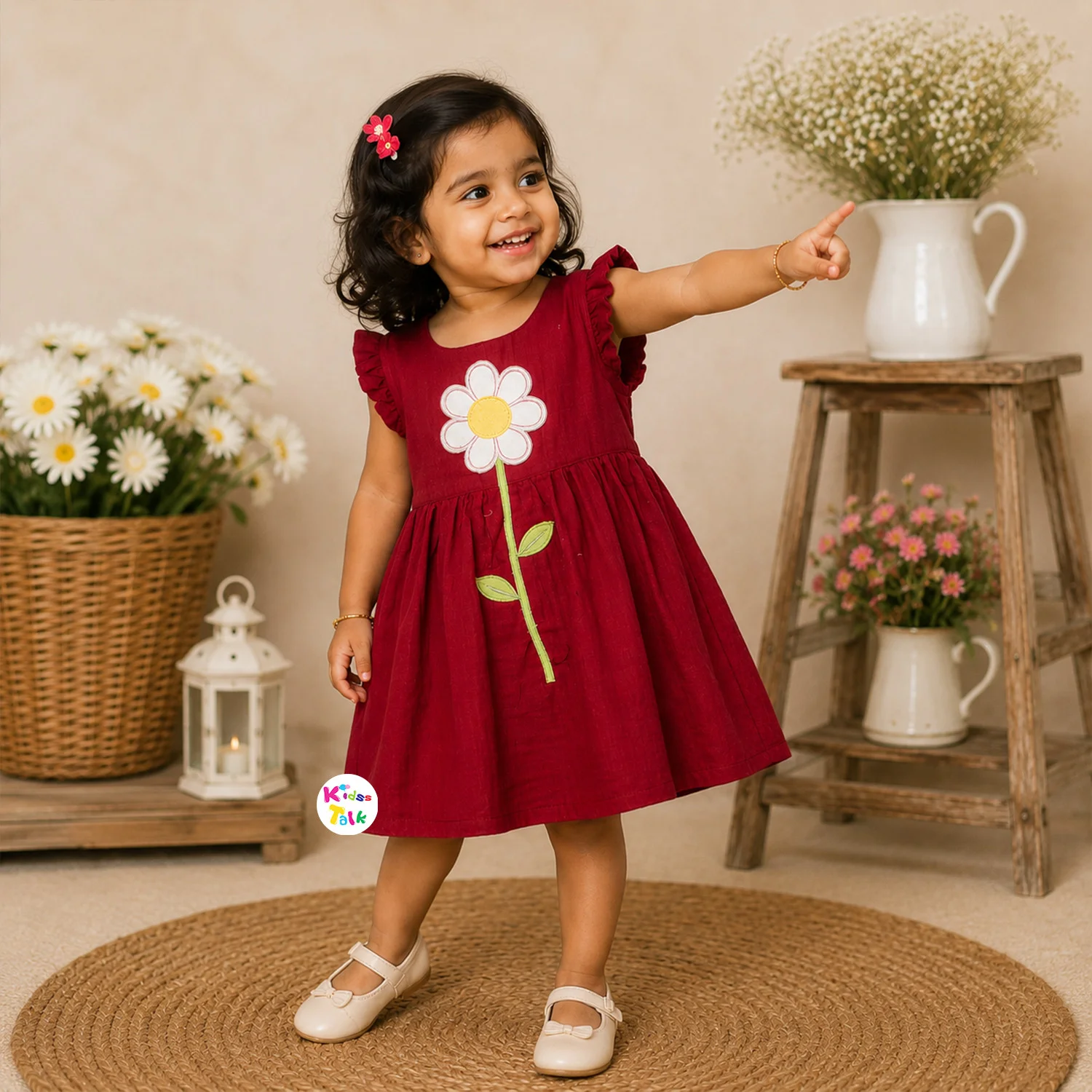Cute Muslin Sleeveless Frock With Flower Patch Work - Red
