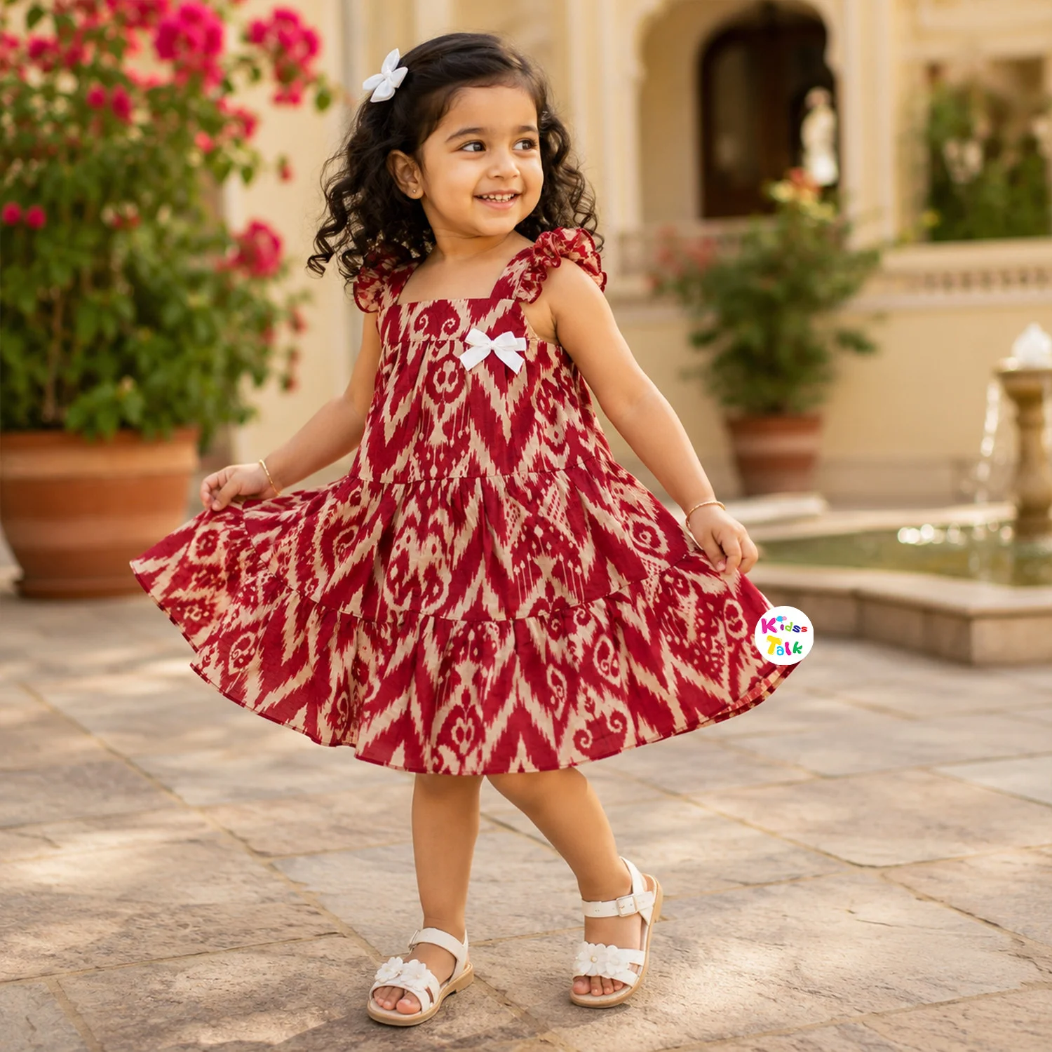 Cute Cotton Sleeveless Frock With Cute Print - Maroon