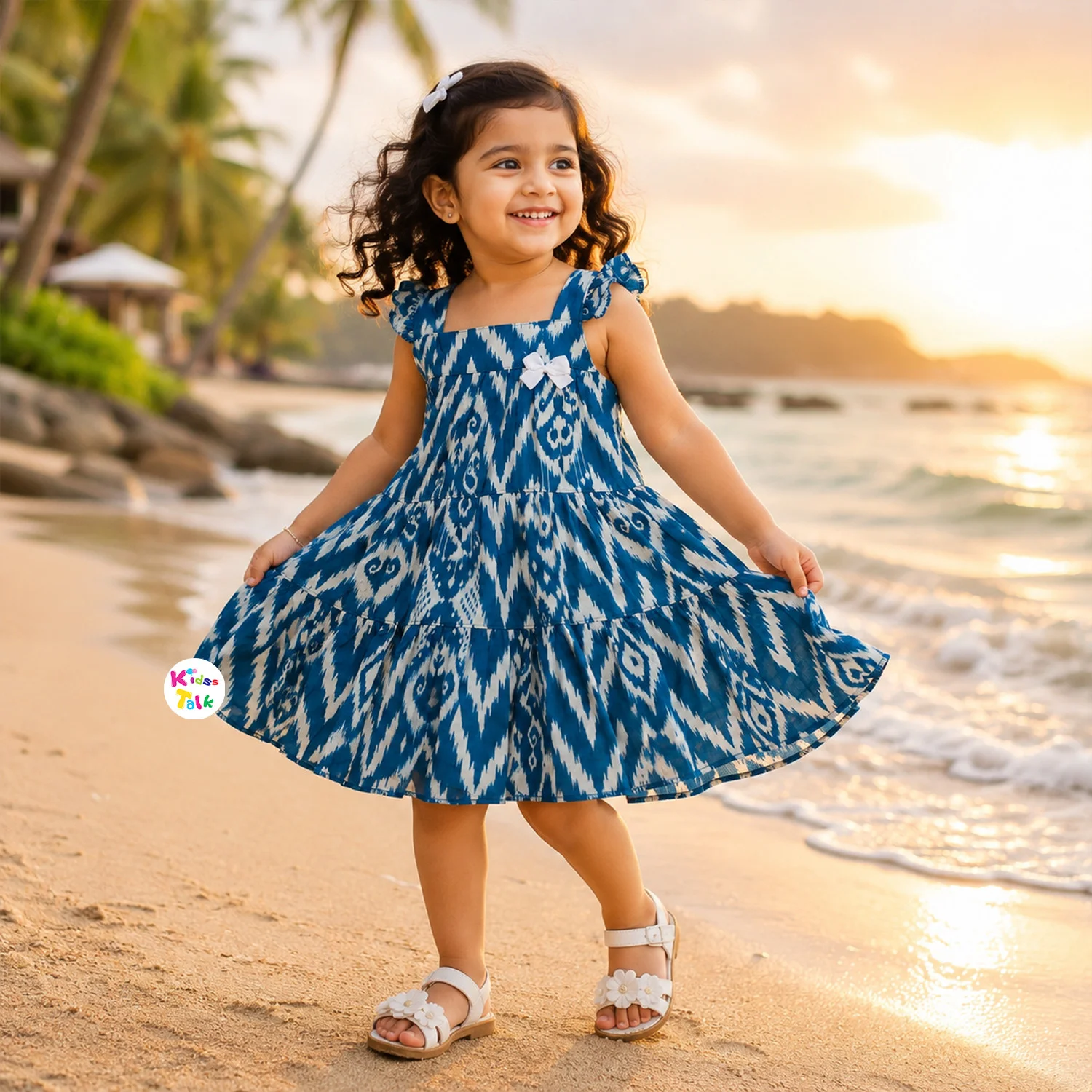 Cute Cotton Sleeveless Frock With Cute Print - Teal Blue