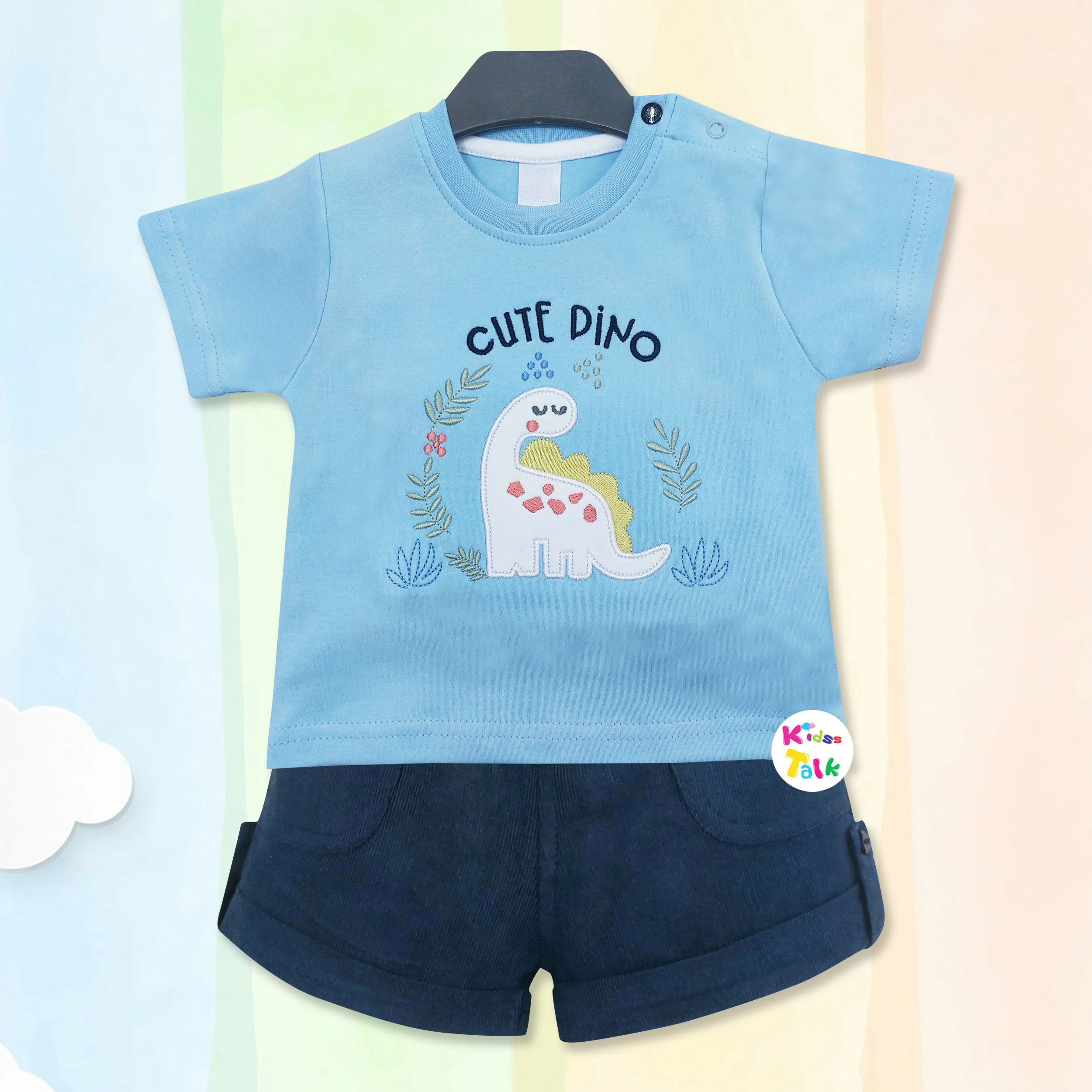 Cotton Knitted Half Sleeve T-shirt & Half Pant - Ice Blue