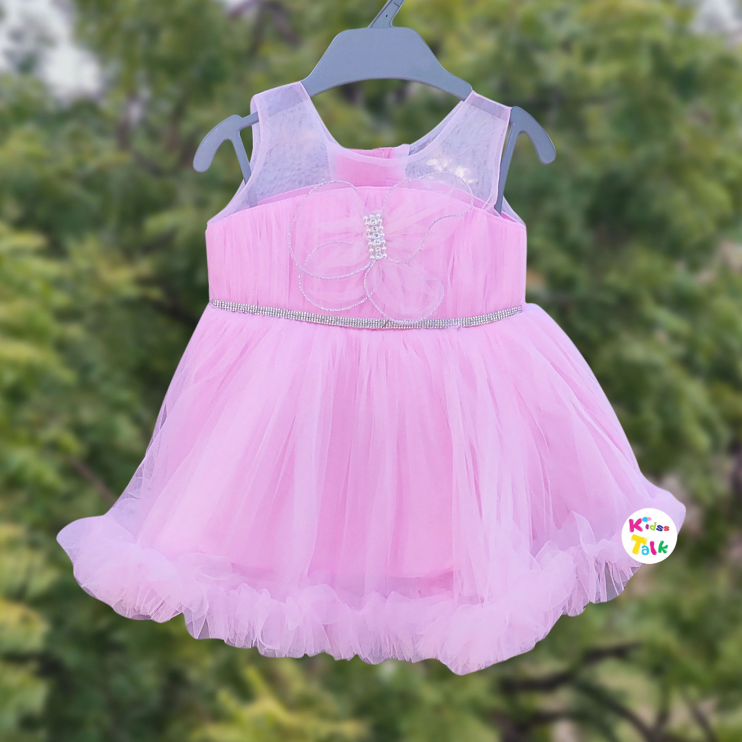 Net Sleeveless Frock With Flower Applique - Baby Pink