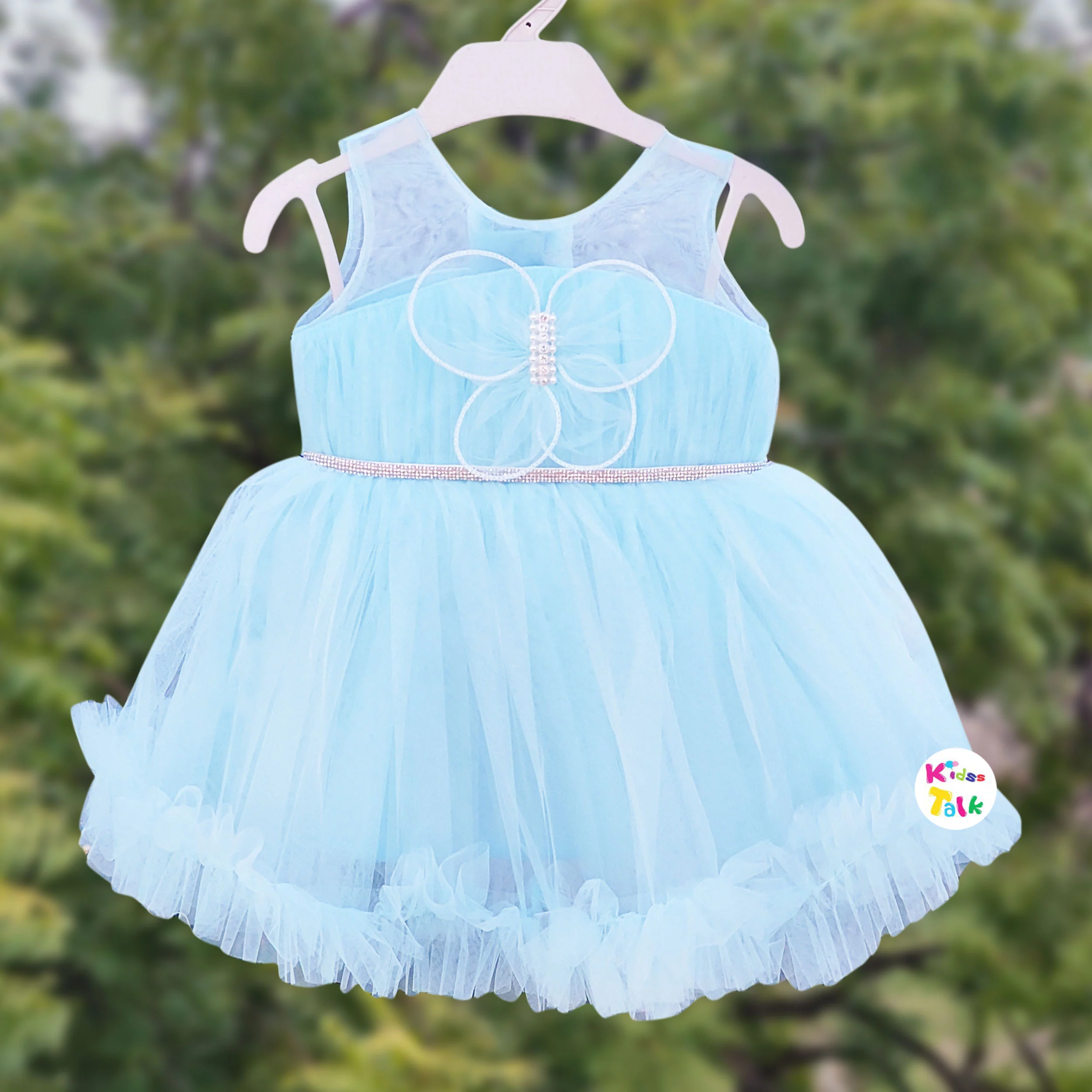 Net Sleeveless Frock With Flower Applique - Ice Blue