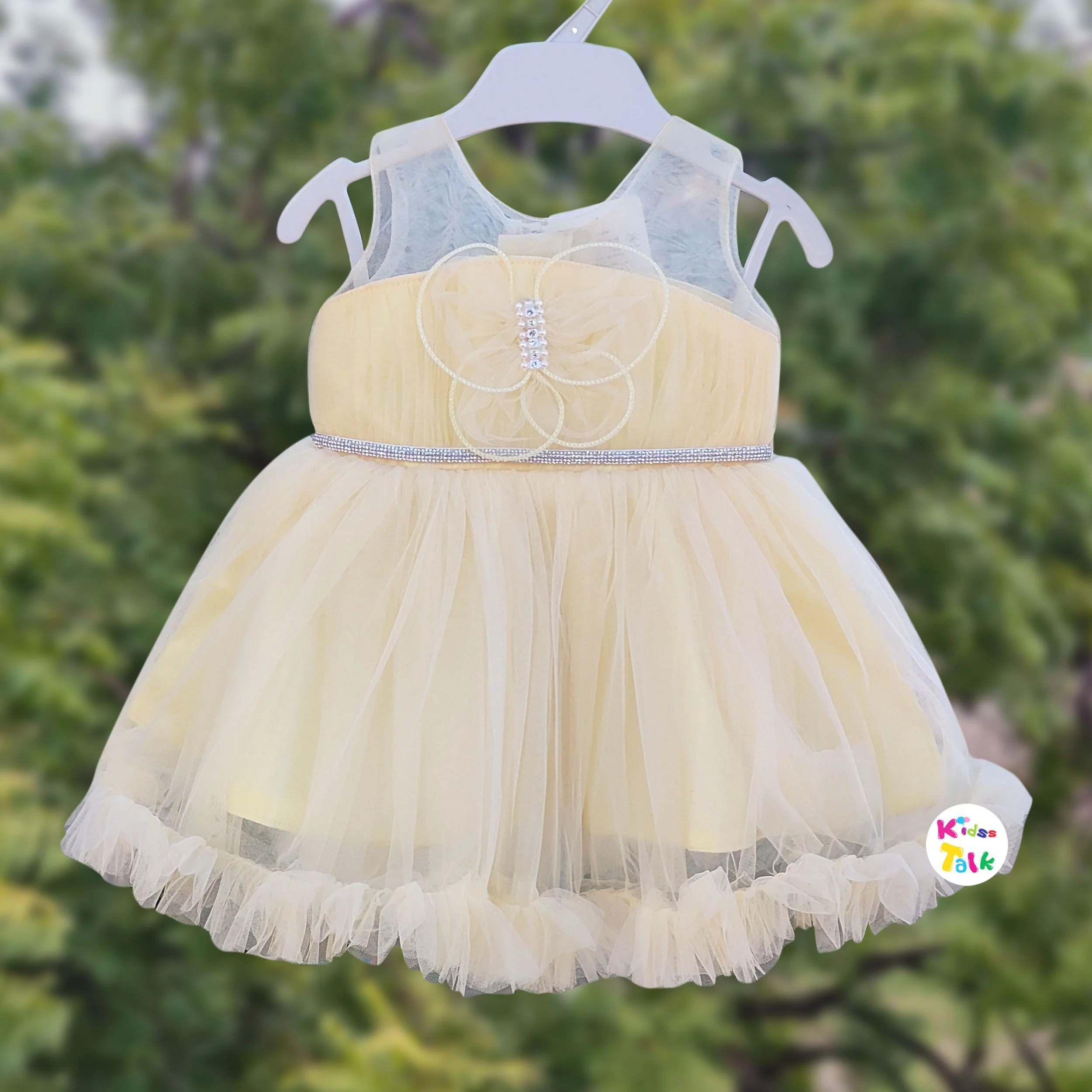 Net Sleeveless Frock With Flower Applique - Lemon Yellow