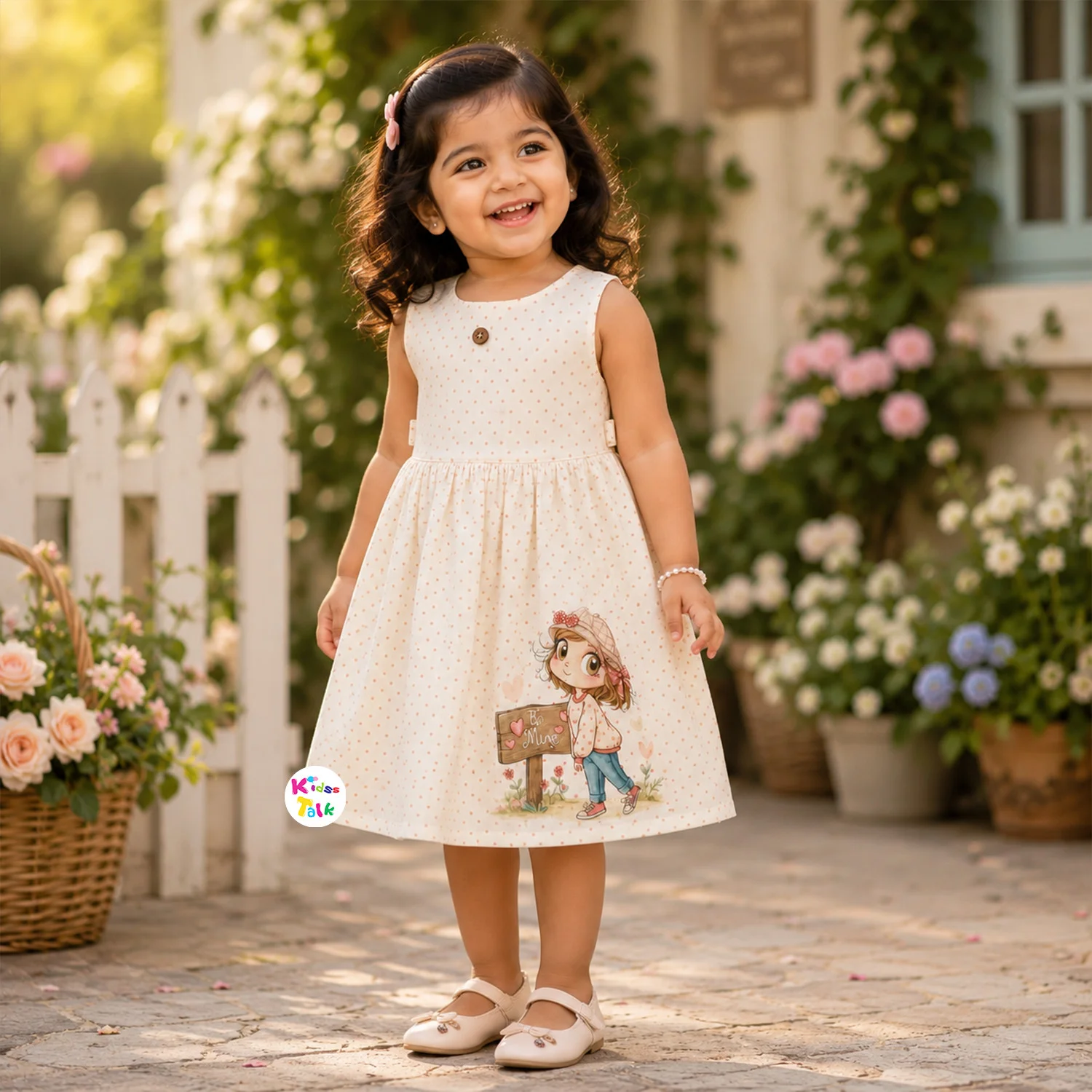 Cute Sleeveless Frock With Cute Print - Cream