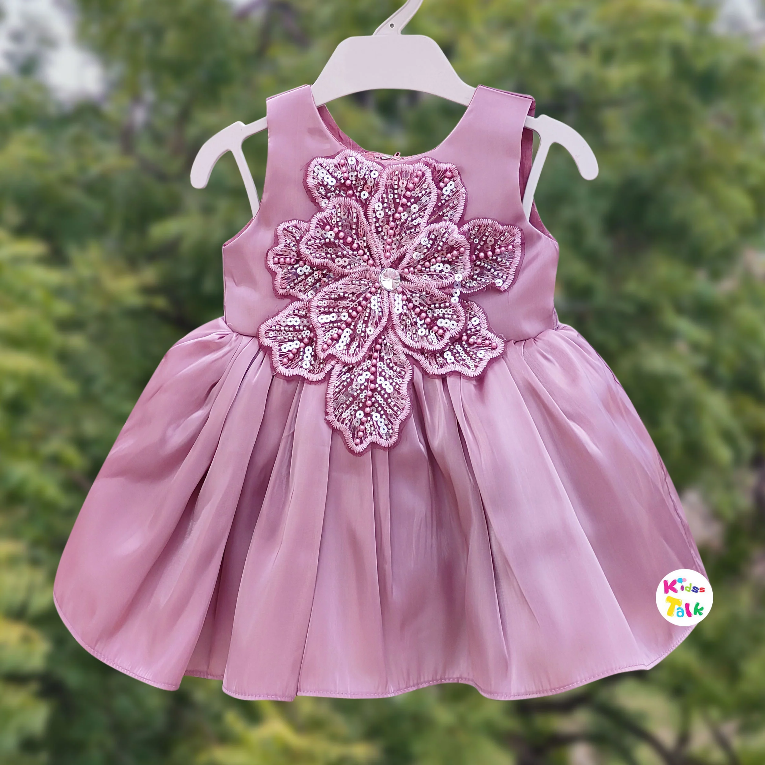 Satin Sleeveless Frock With Flower Applique - Onion Pink