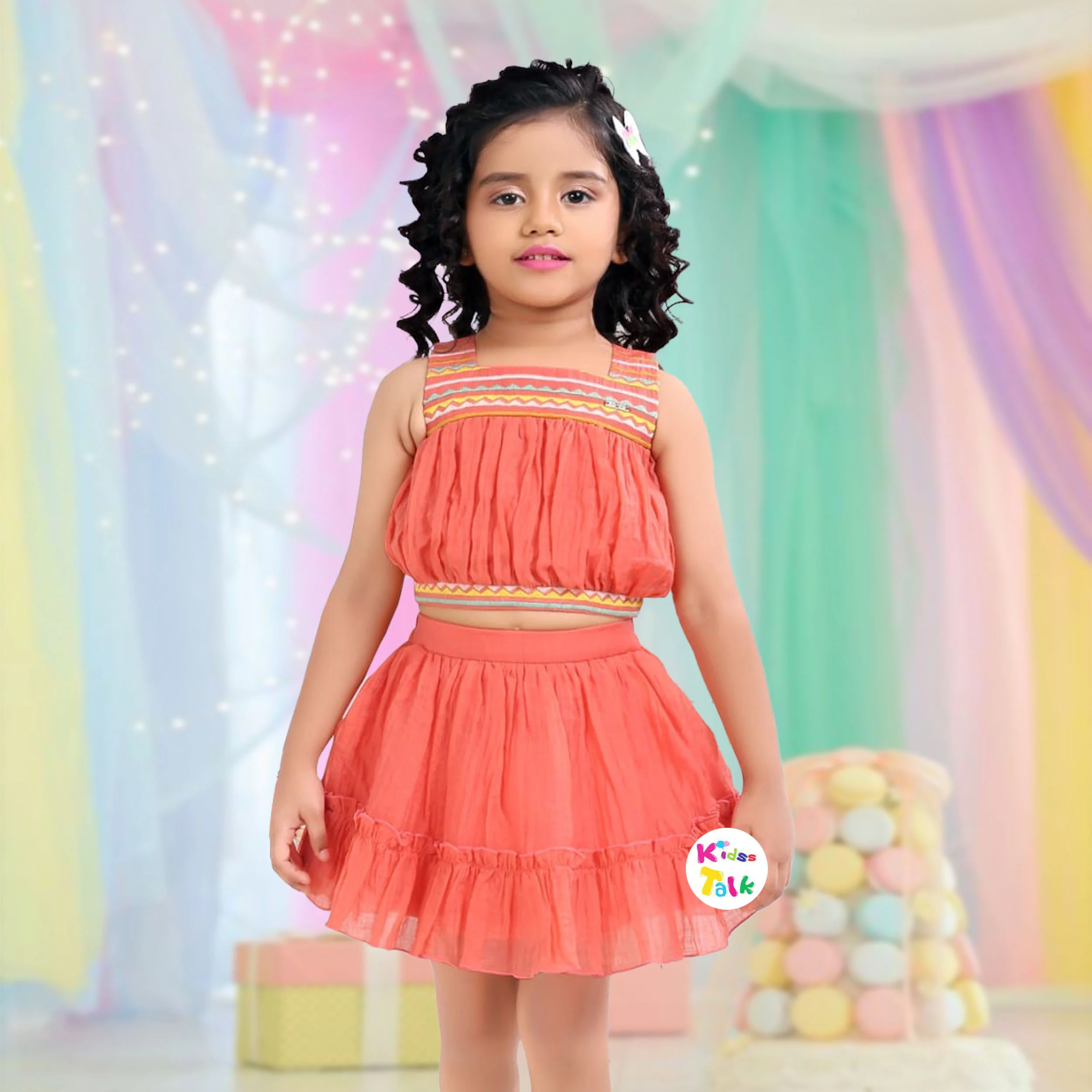 Cotton Half Sleeve Cute Top With Embroidered & Skirt - Tomato Red