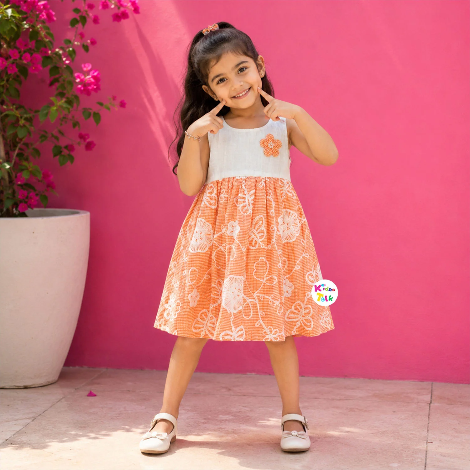 Soft Cotton Sleeveless Frock With Embroidery - Orange
