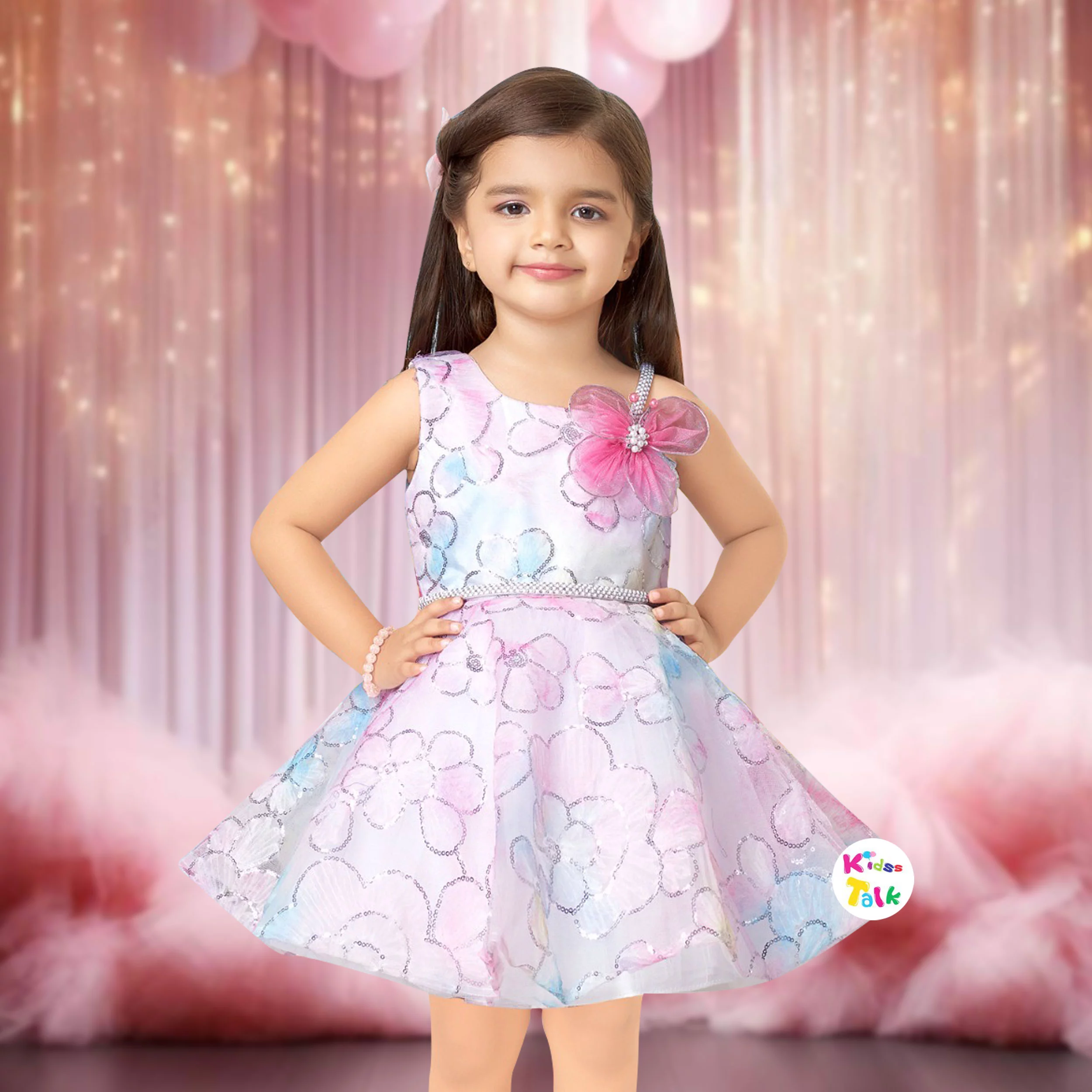 Net Sleeveless Party Frock With Sequins Worked - Multicolour