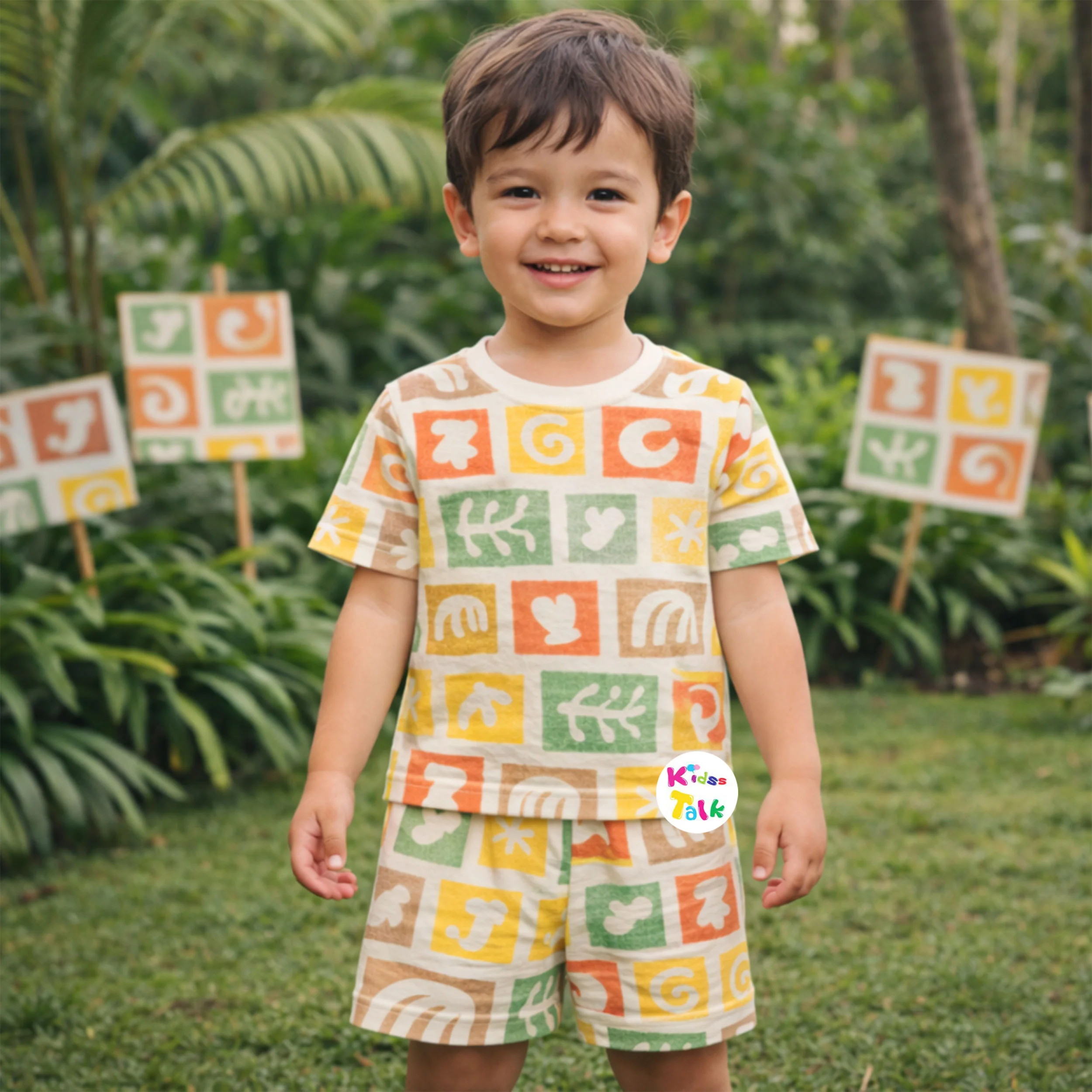 Cotton Knitted Half Sleeve T-shirt Set With Cute Printed - Brown