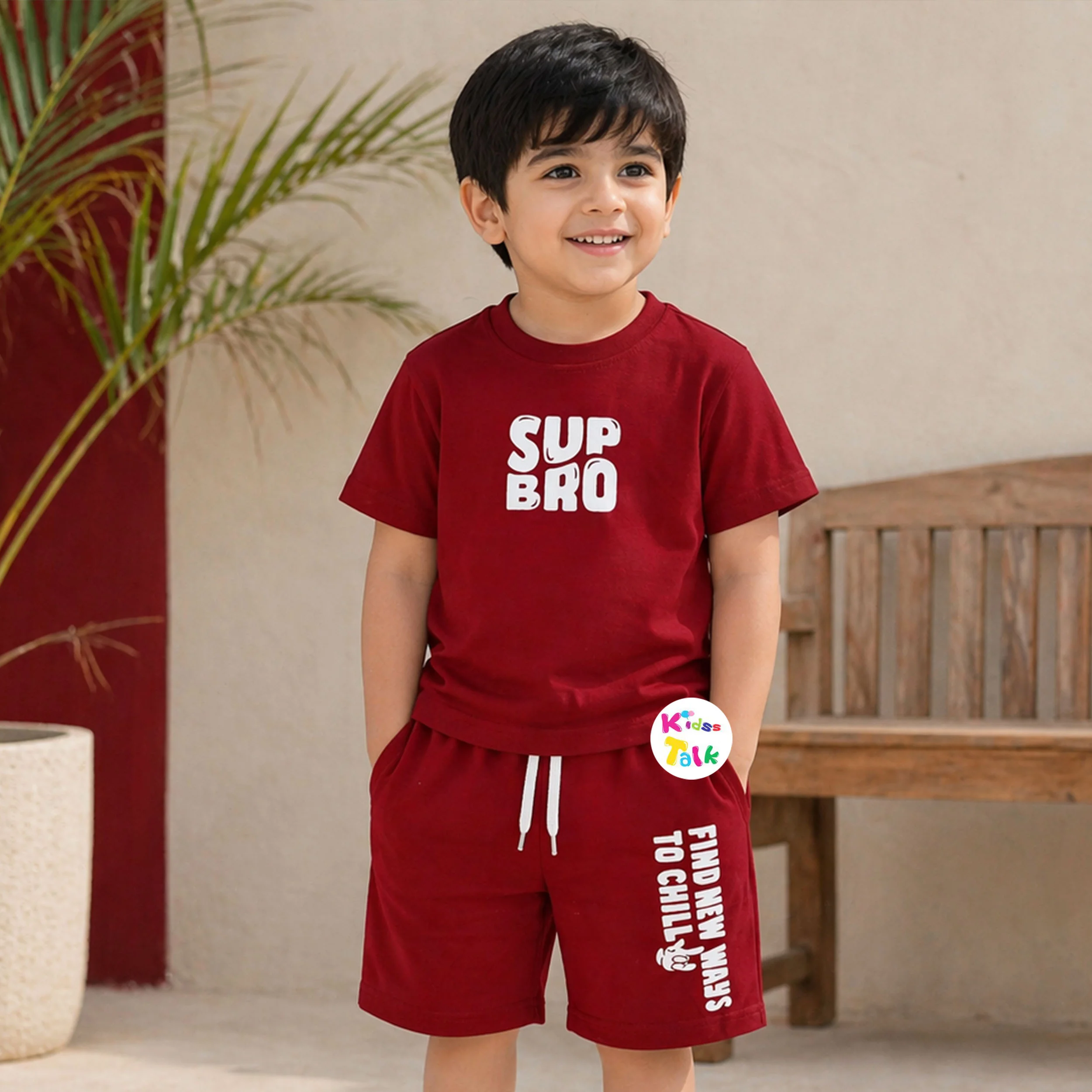 Cotton Knitted Half Sleeve T-shirt Set With Cute Print - Maroon