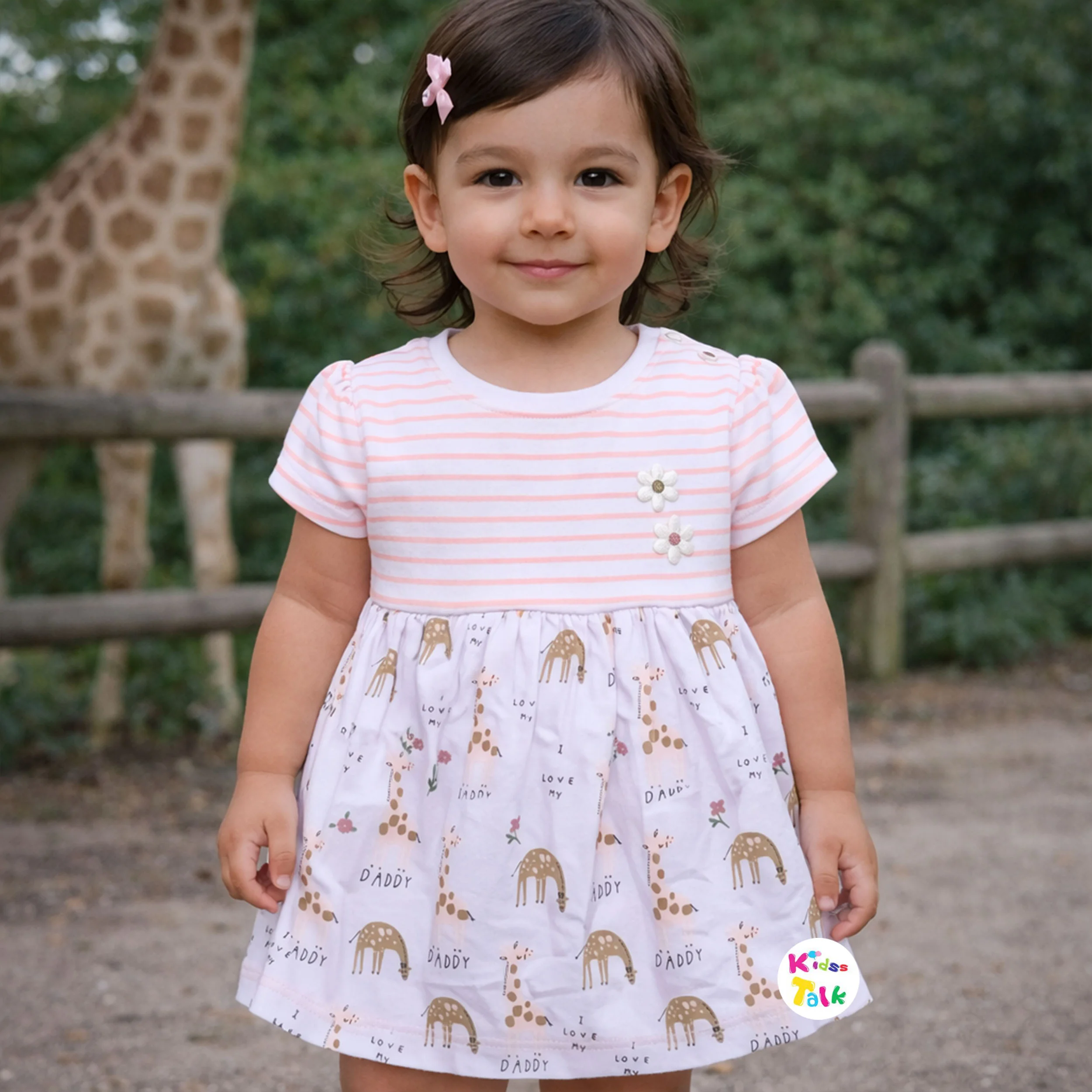 Cotton Knitted Half Sleeve Frock With Cute Printed - Peach