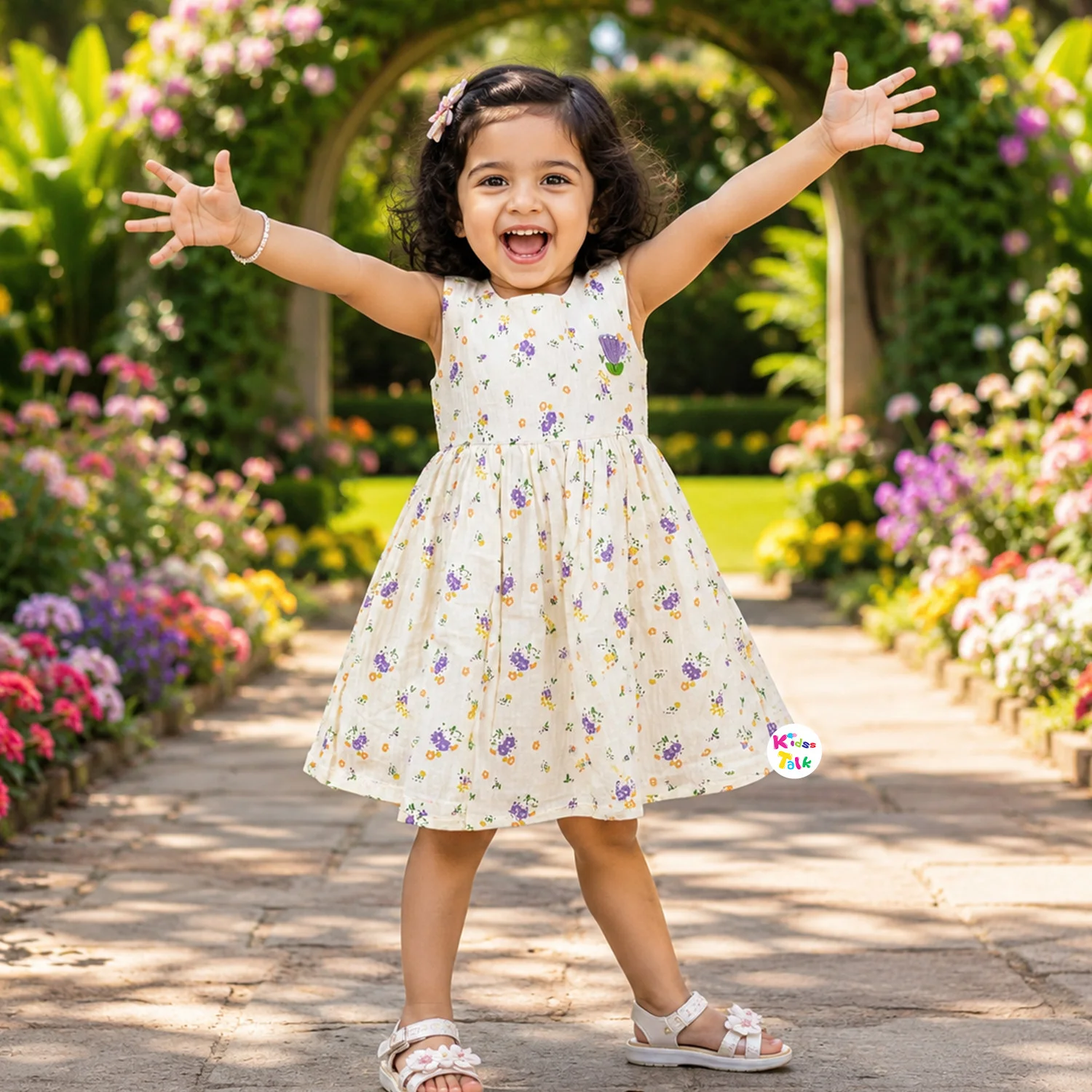 Muslin Sleeveless Frock With Cute Floral Print - Lavender