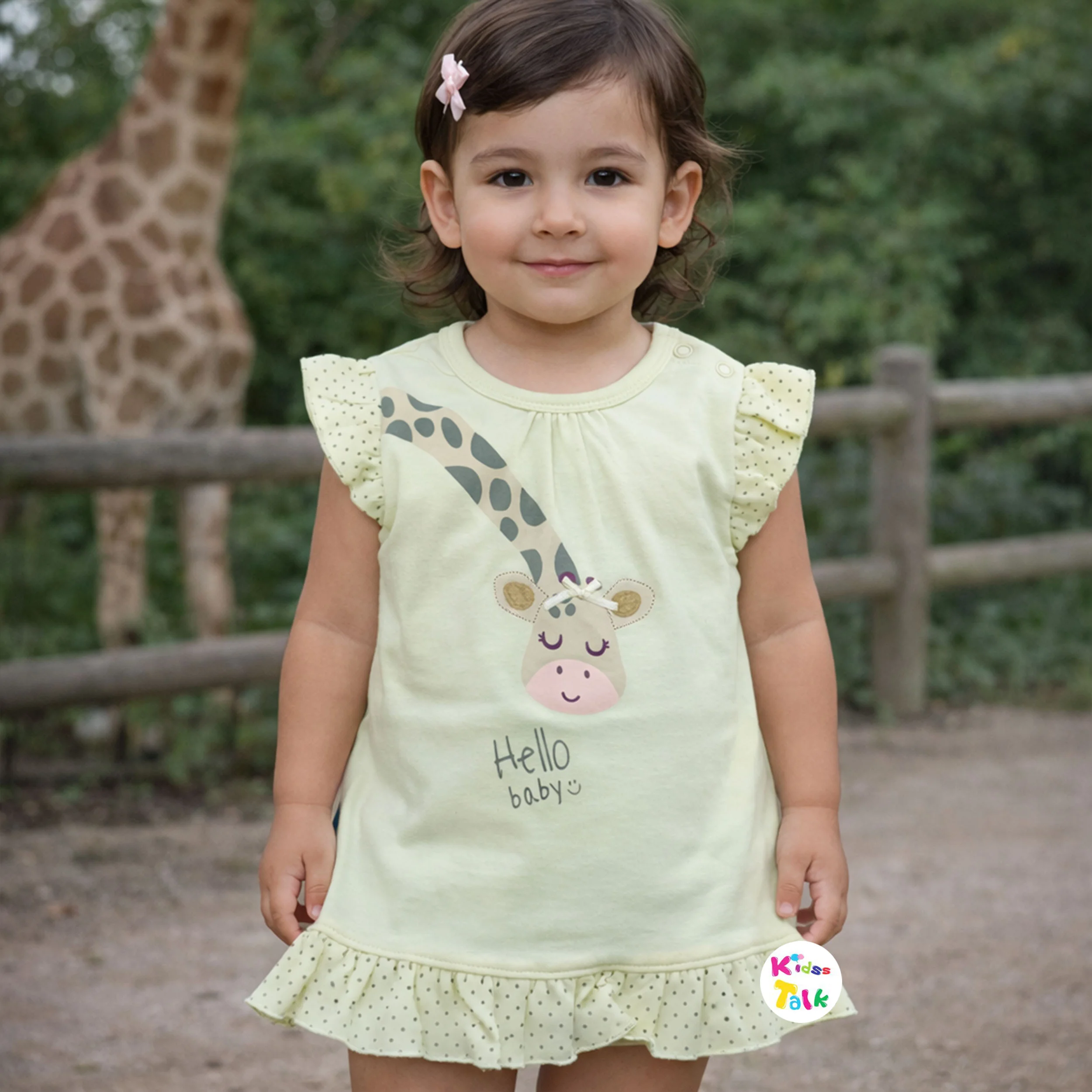 Cotton Knitted Half Sleeve Frock With Cute Printed - Lemon Yellow