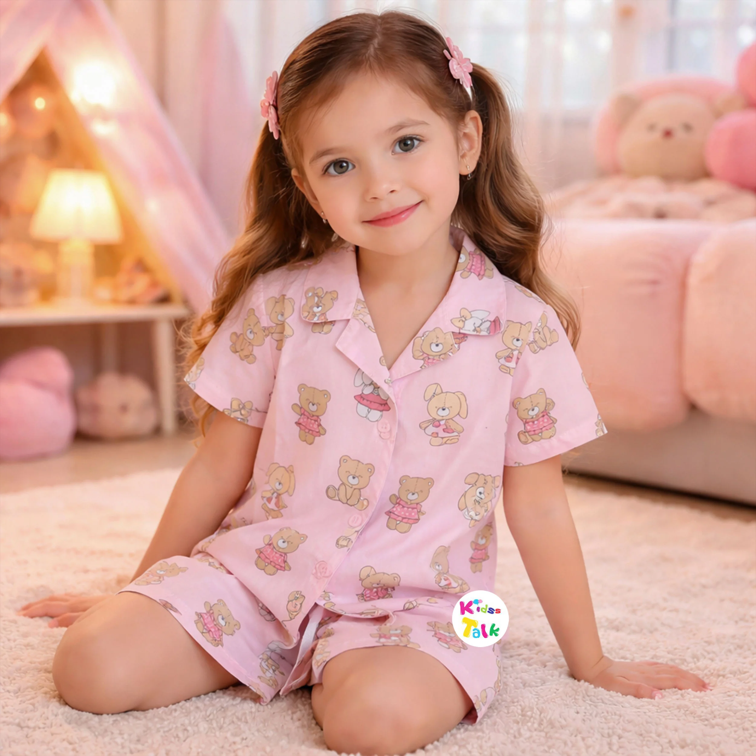 Cotton Half Sleeve Top With Cute Print & Half Pant - Baby Pink