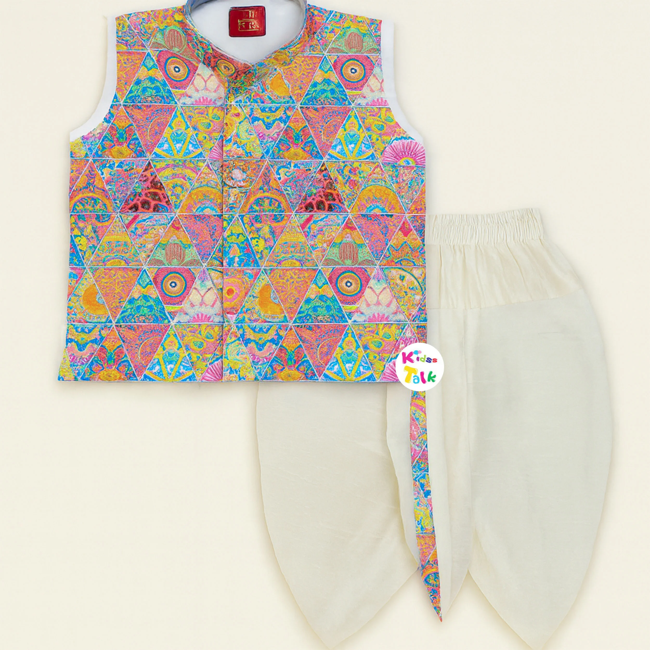 Royal Cotton Sleeveless Printed Kurta & Dhoti - Multicolour