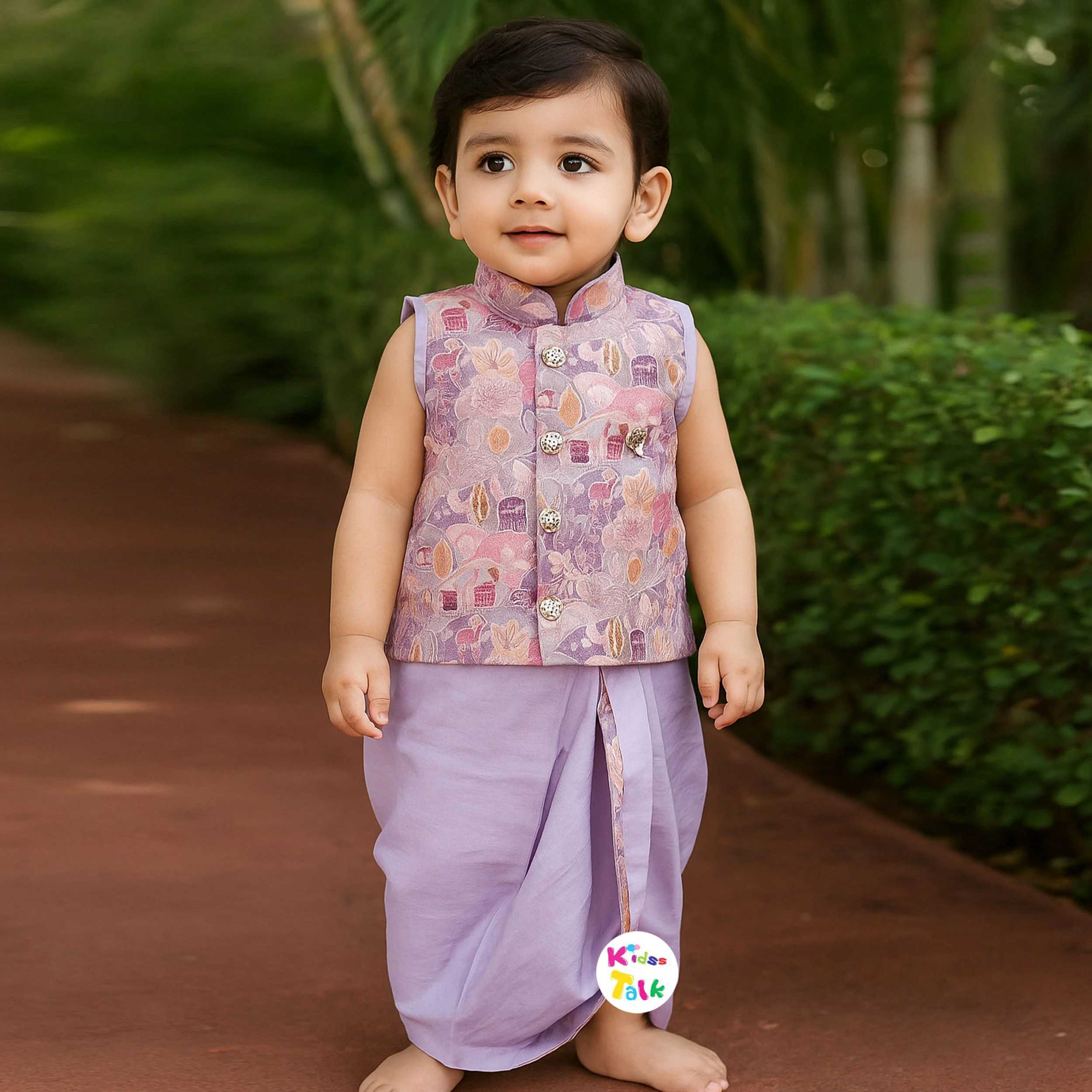 Royal Cotton Sleeveless Printed Kurta & Dhoti - Lavender