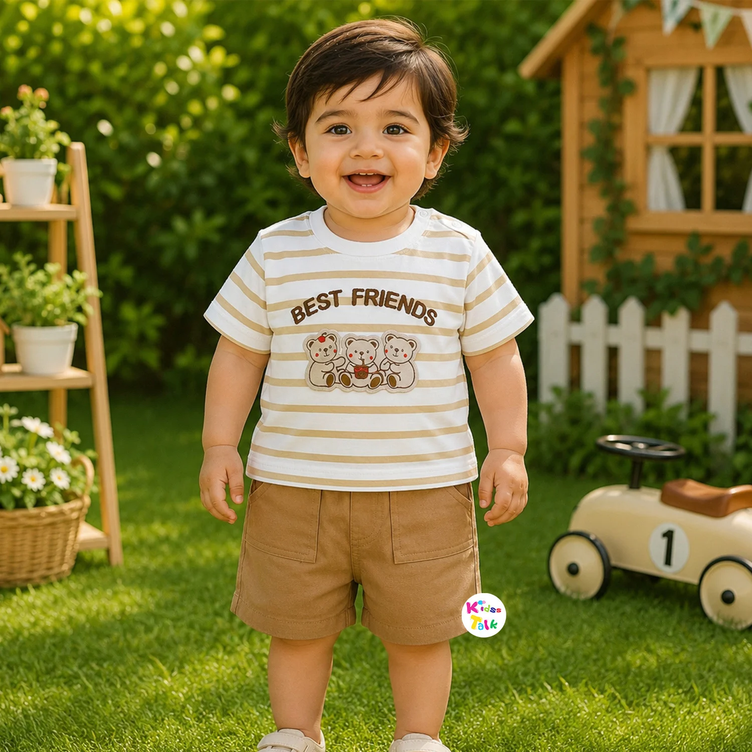 Cotton Half Sleeve T-shirt Set With Cute All Over Print - Khaki