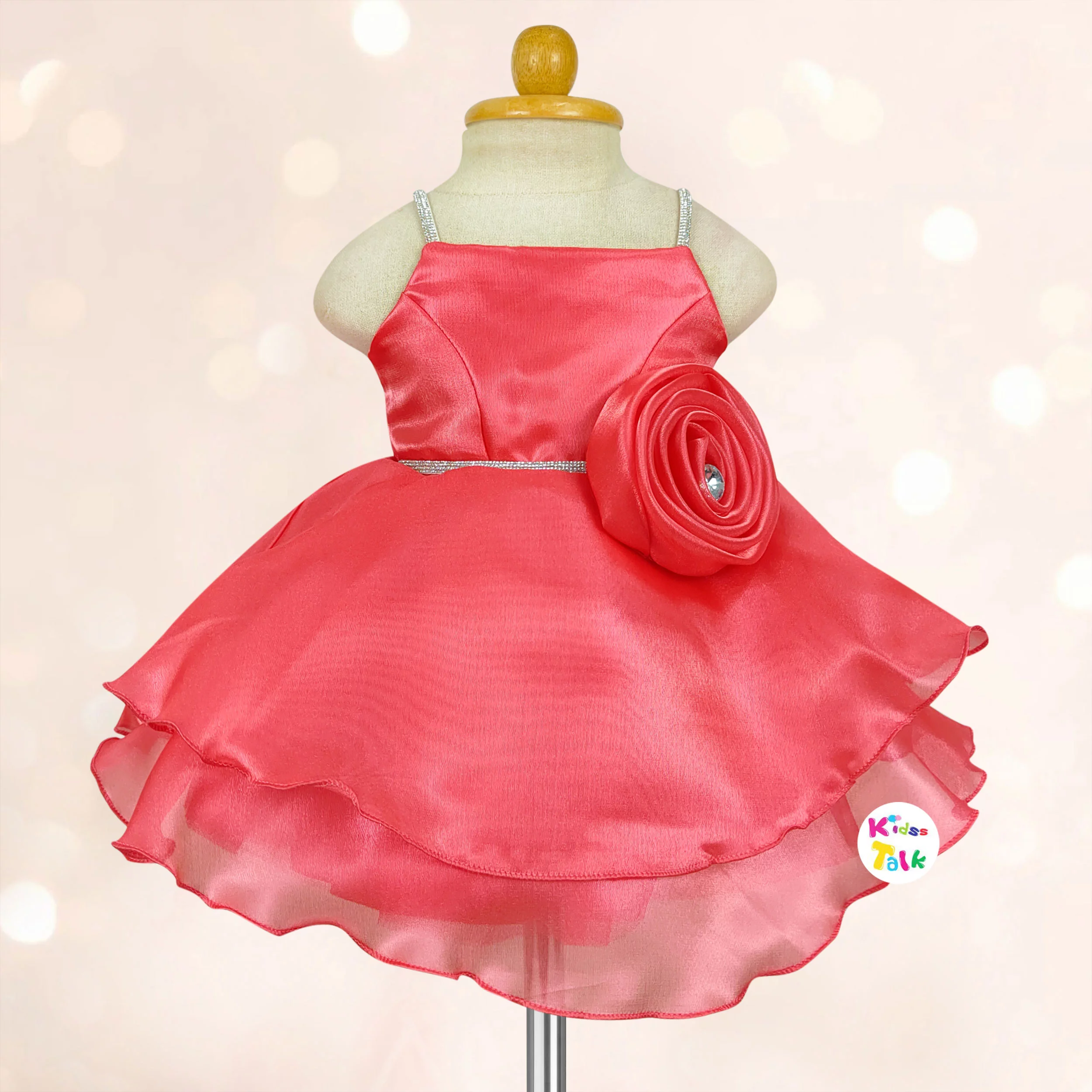 Satin Sleeveless Party Frock With Flower Applique - Tomato Red