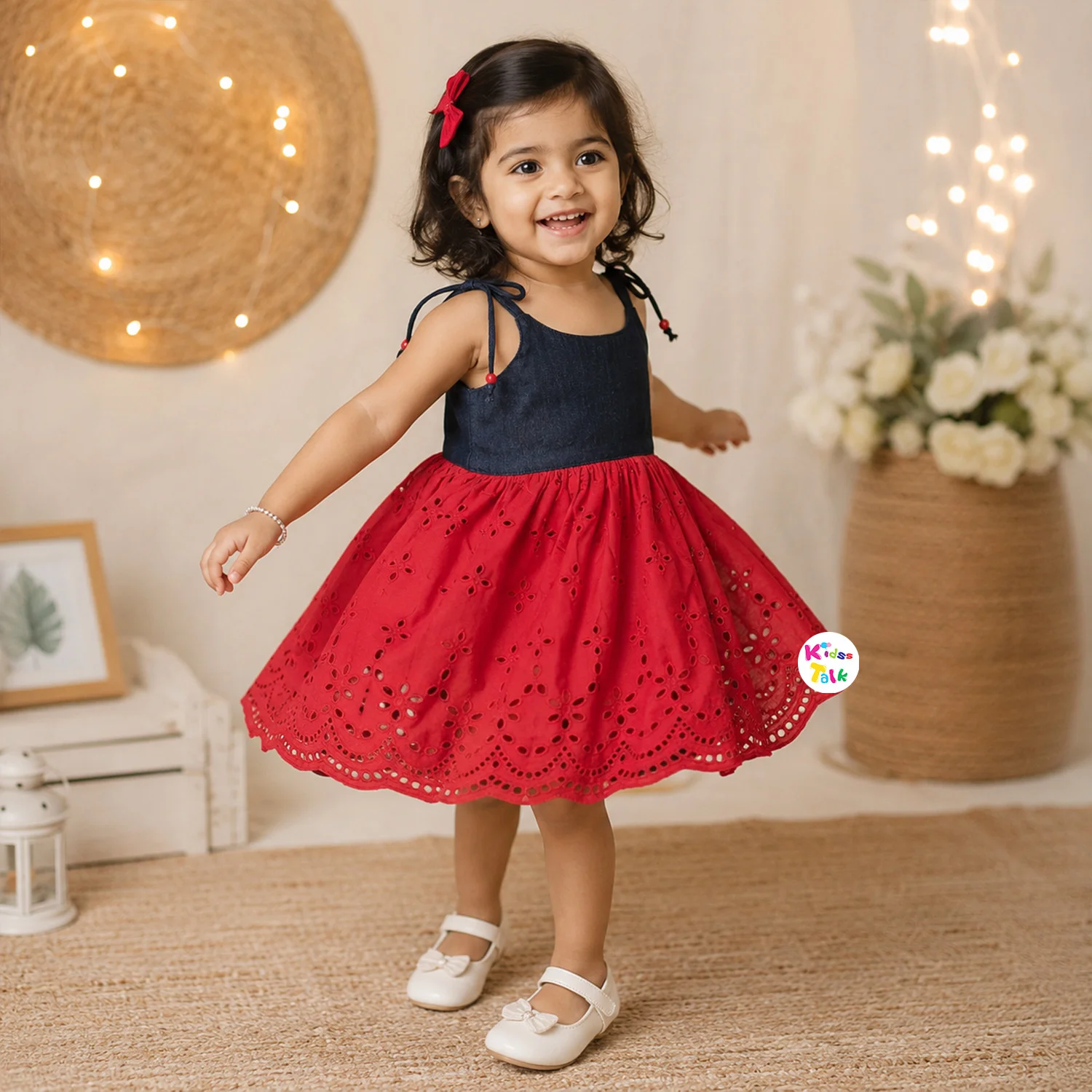 Cute Cotton Sleeveless Frock- Red