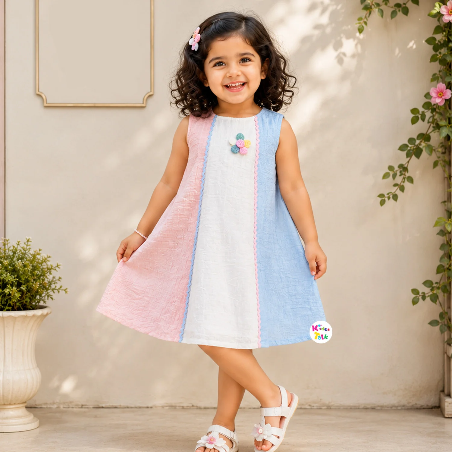 Cotton Sleeveless Frock With Patch Work - Multicolour