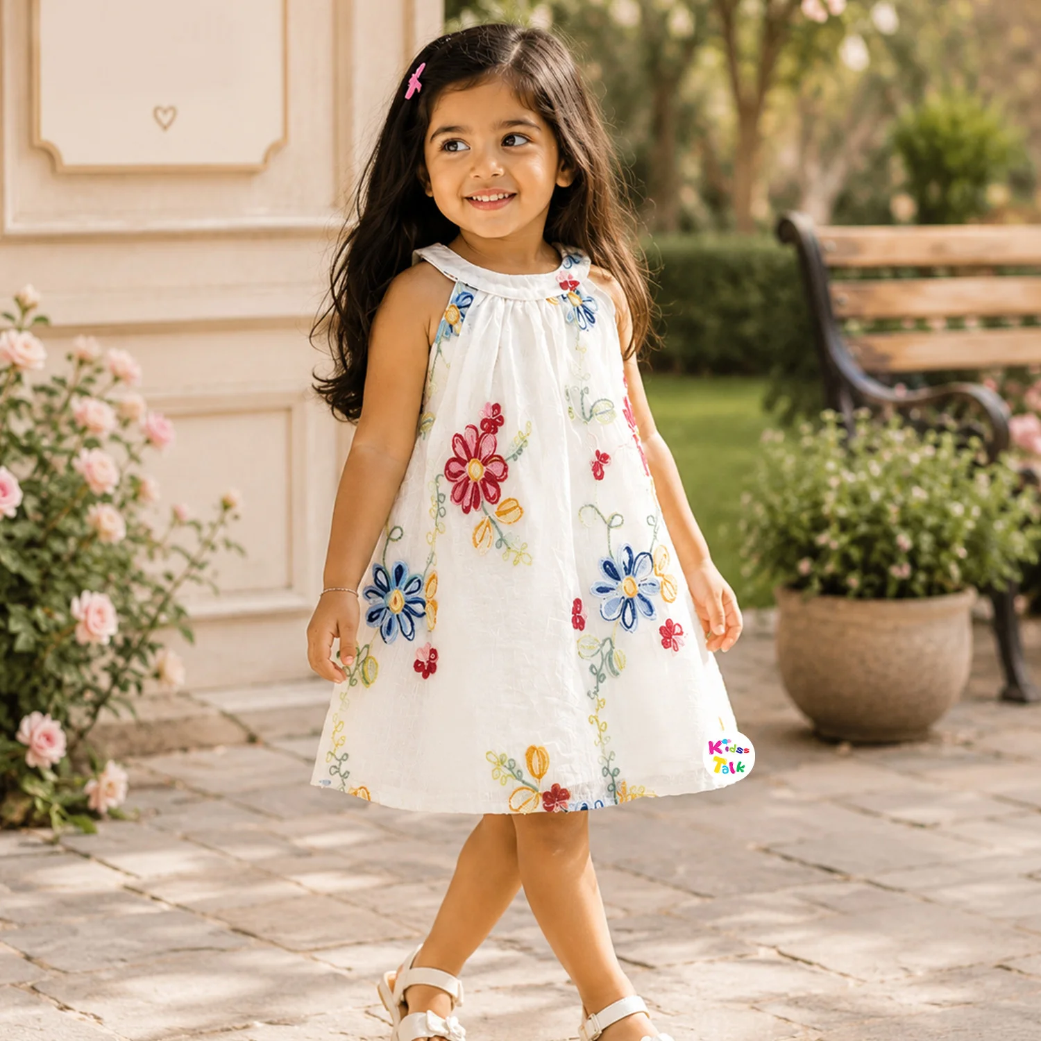 Cotton Sleeveless Frock With Embroidery - White
