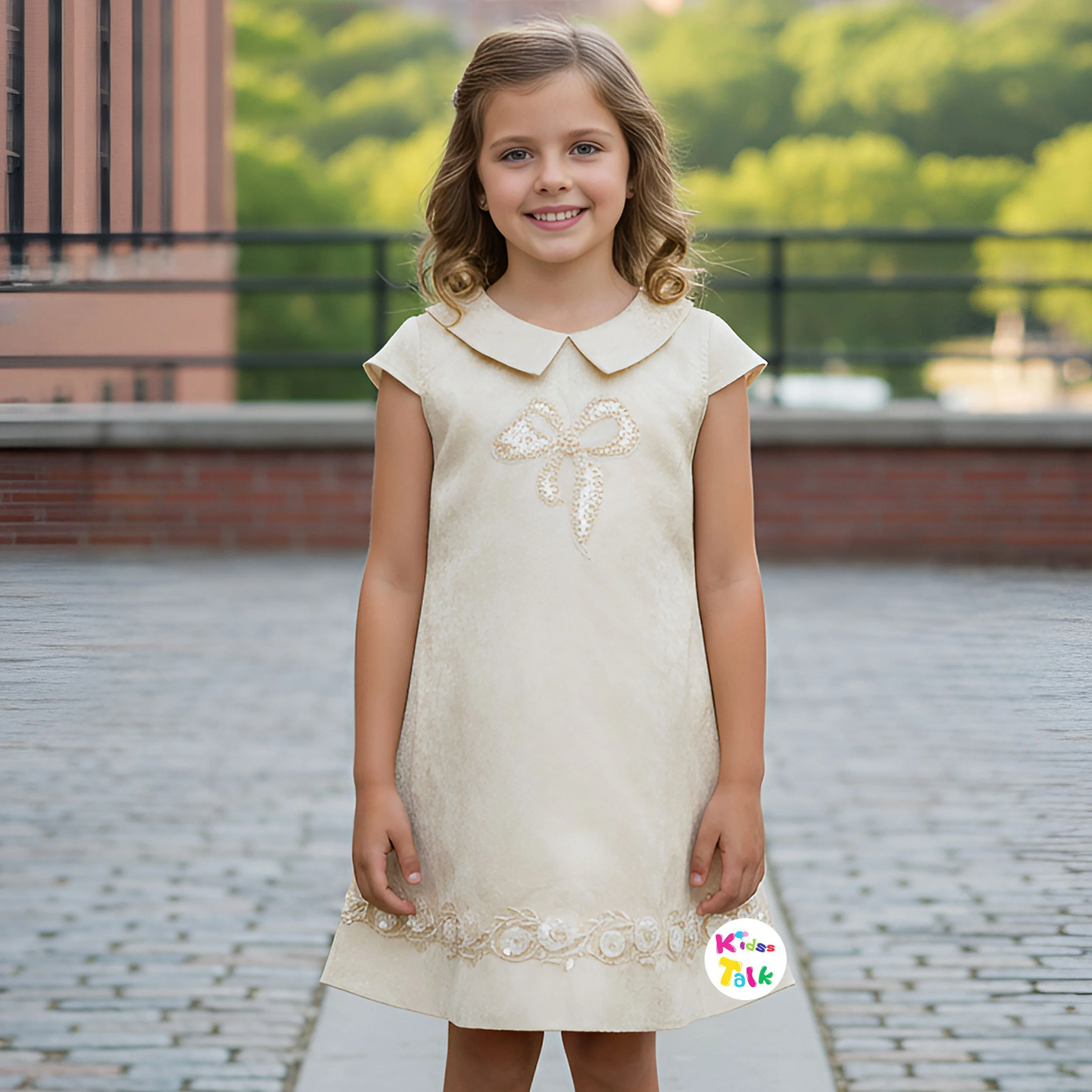 Shimmer Half Sleeve Party Frock With Cute Bow Applique - Beige