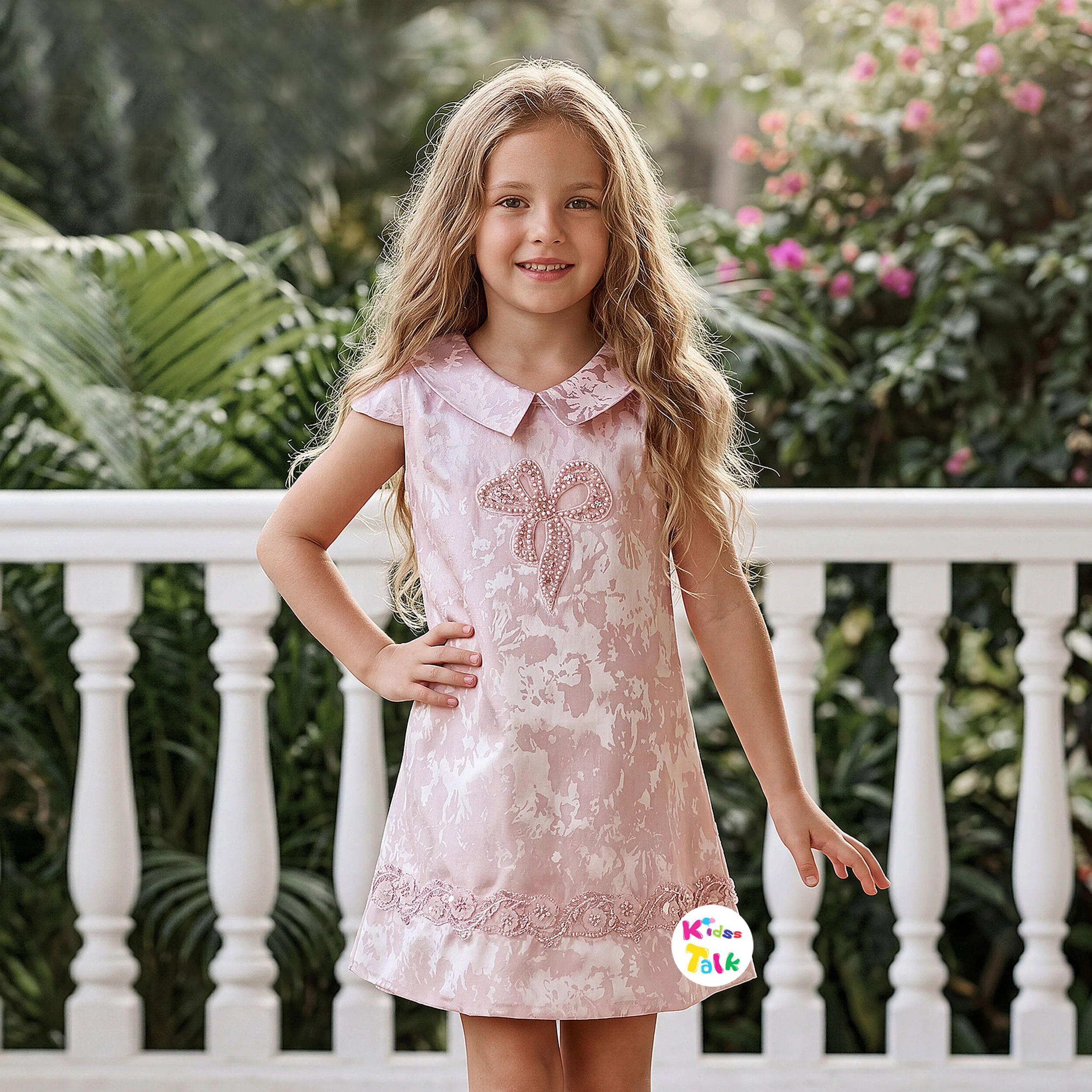 Shimmer Half Sleeve Party Frock With Cute Bow Applique - Peach