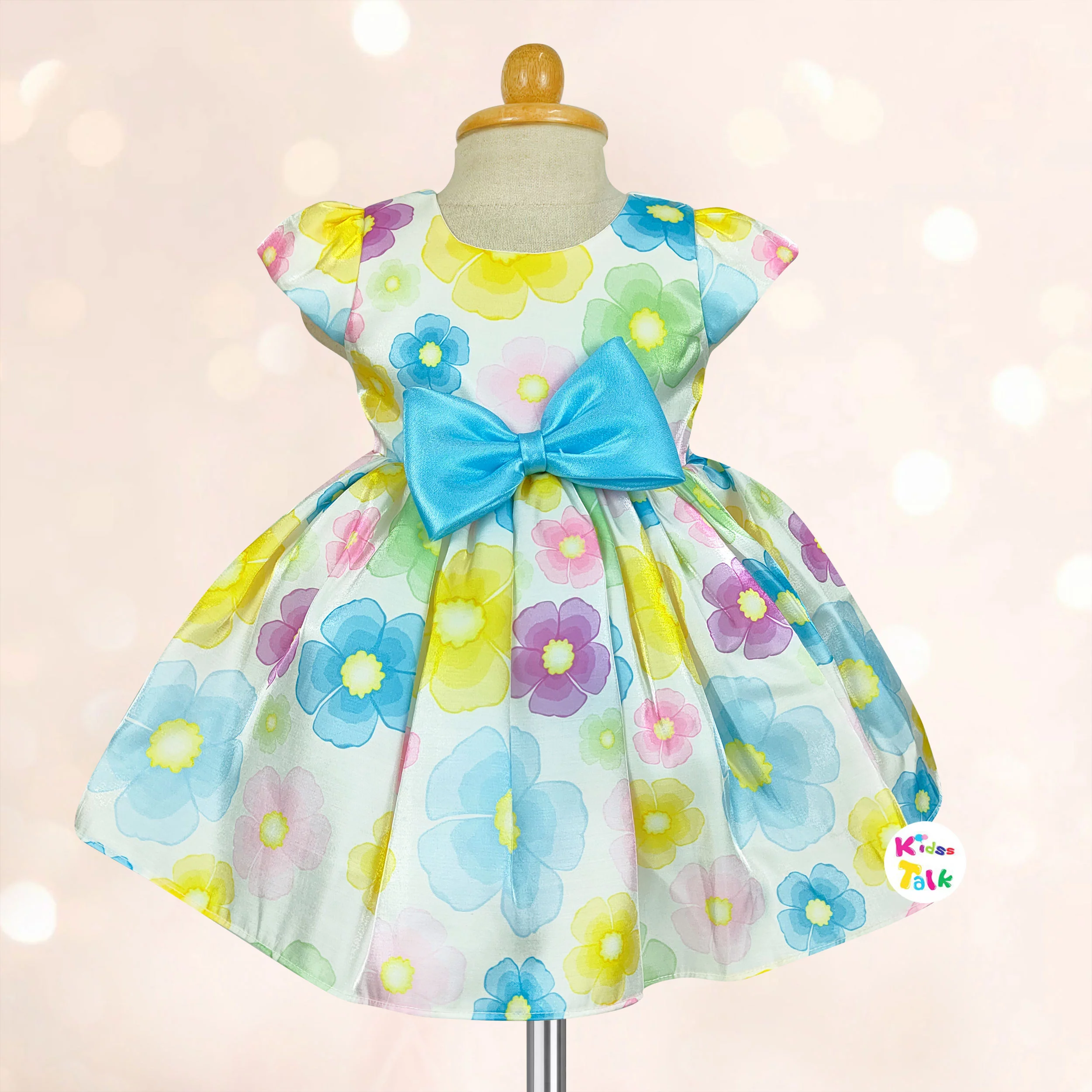 Satin Half Sleeve Party Frock With Floral Printed - Ice Blue