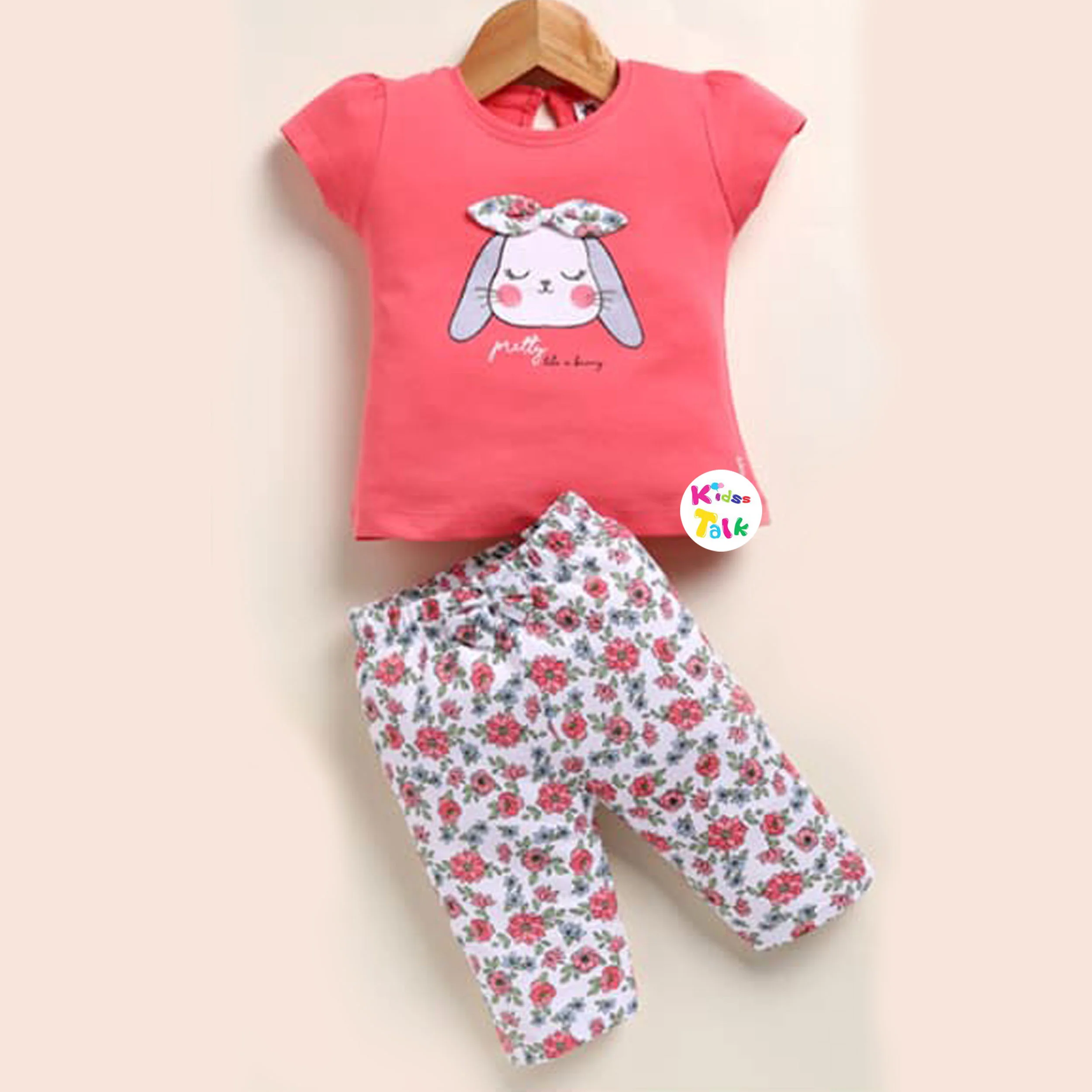 Cotton Knitted Half Sleeve T-shirt Set With Cute Print - Red