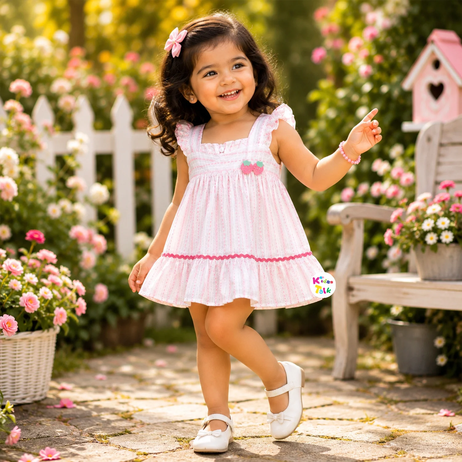 Cute Cotton Sleeveless Frock With Embroidery - Onion Pink