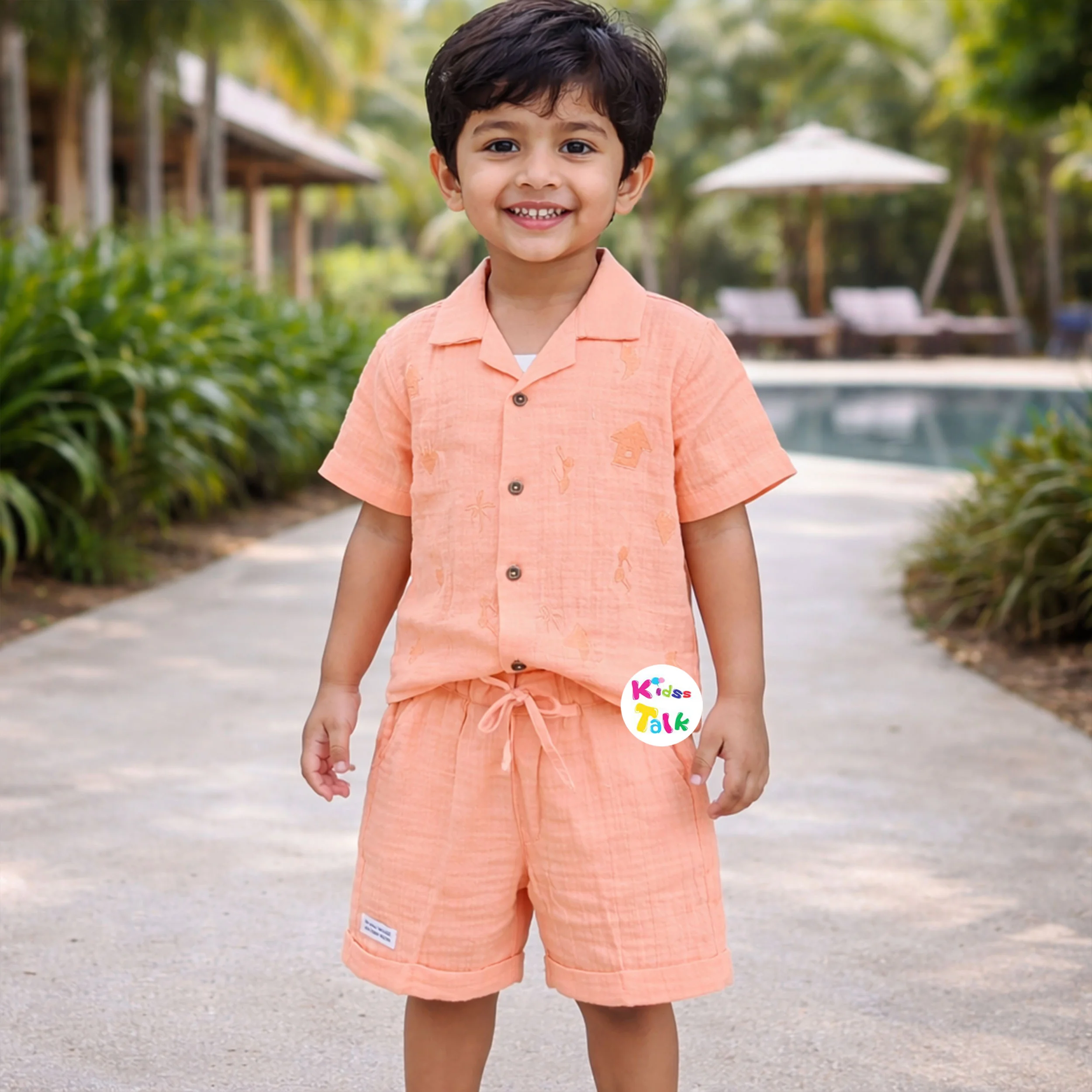 Muslin Half Sleeve Half Pant Set With Embroidered - Orange