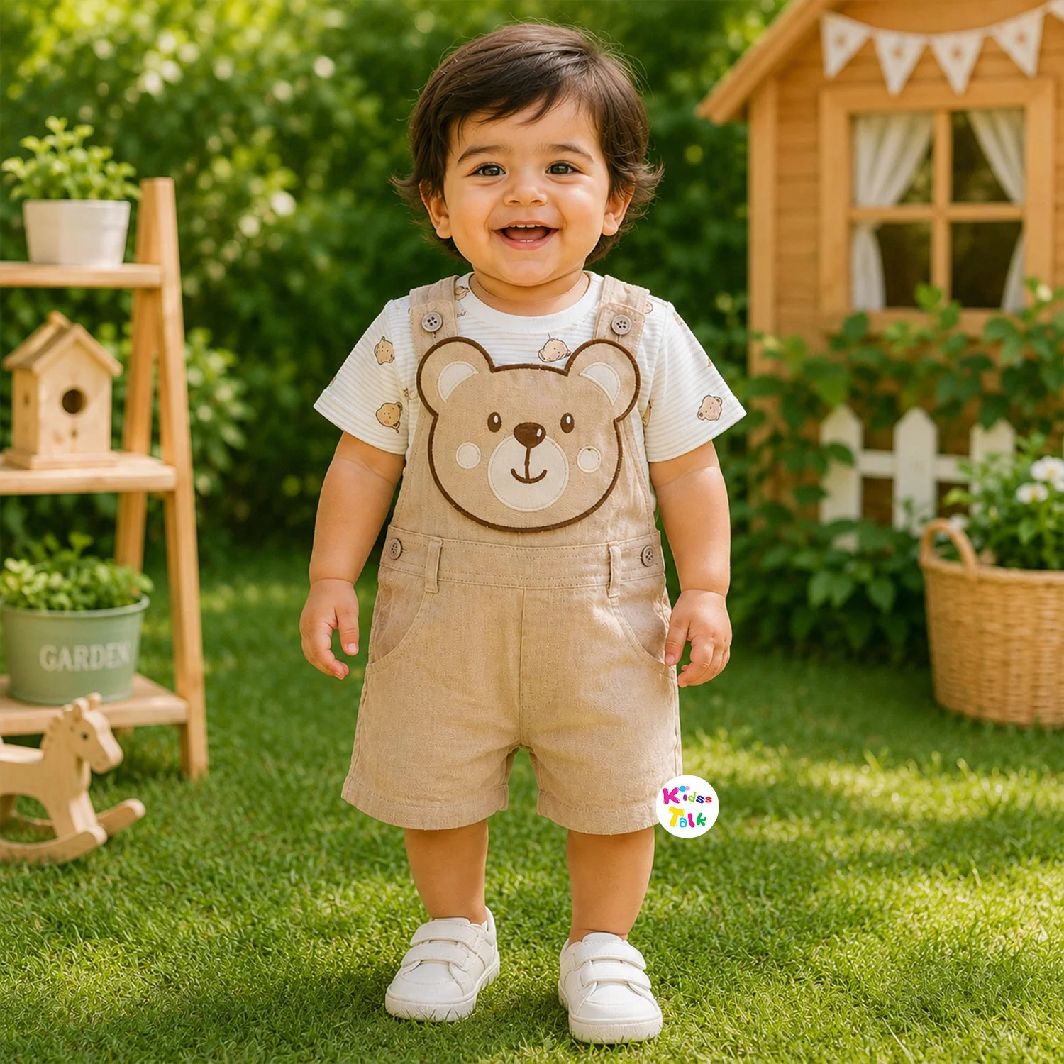 Muslin Half Sleeve Dungaree Set With Cute All Over Print - Beige