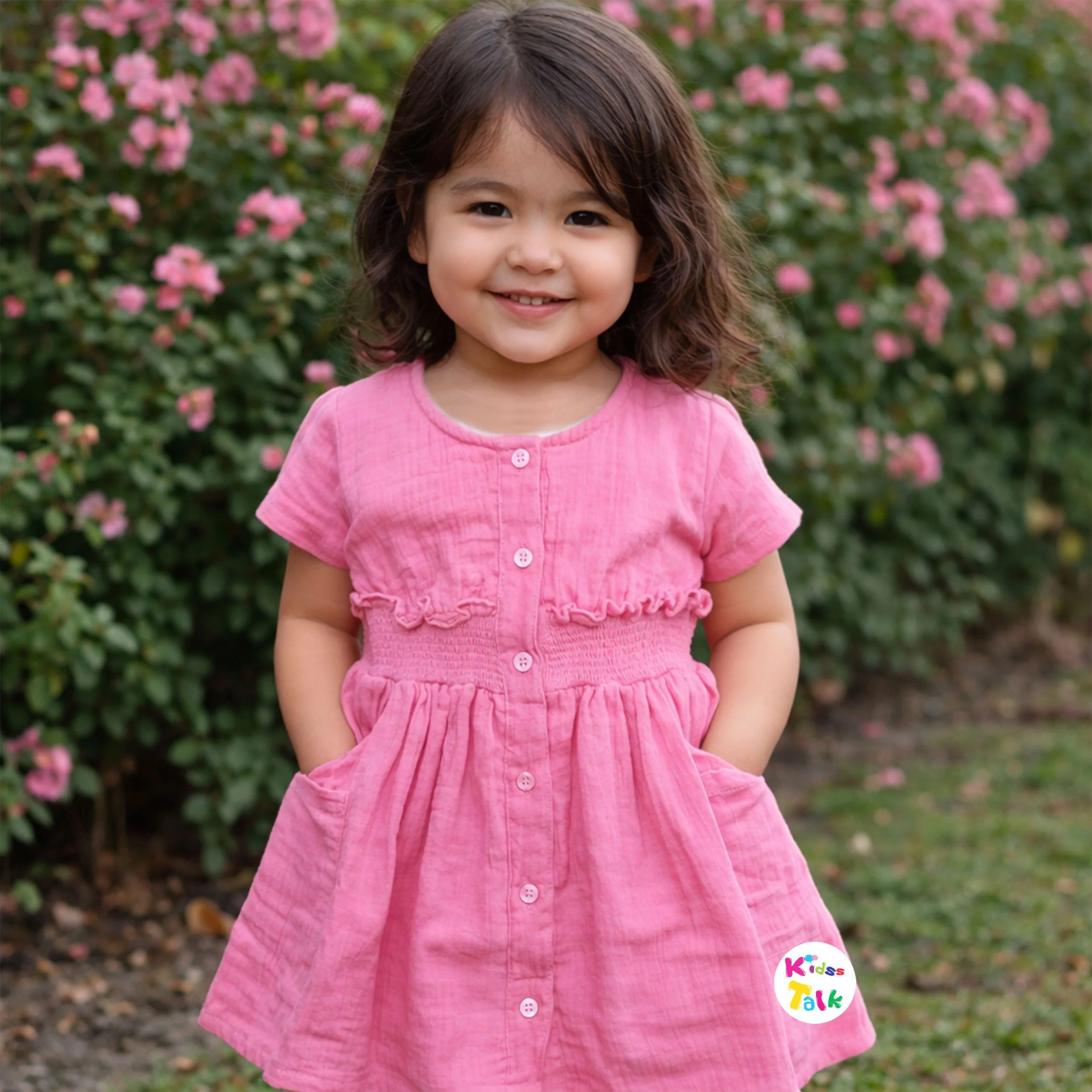 Soft Muslin Half Sleeve Frock - Hot Pink