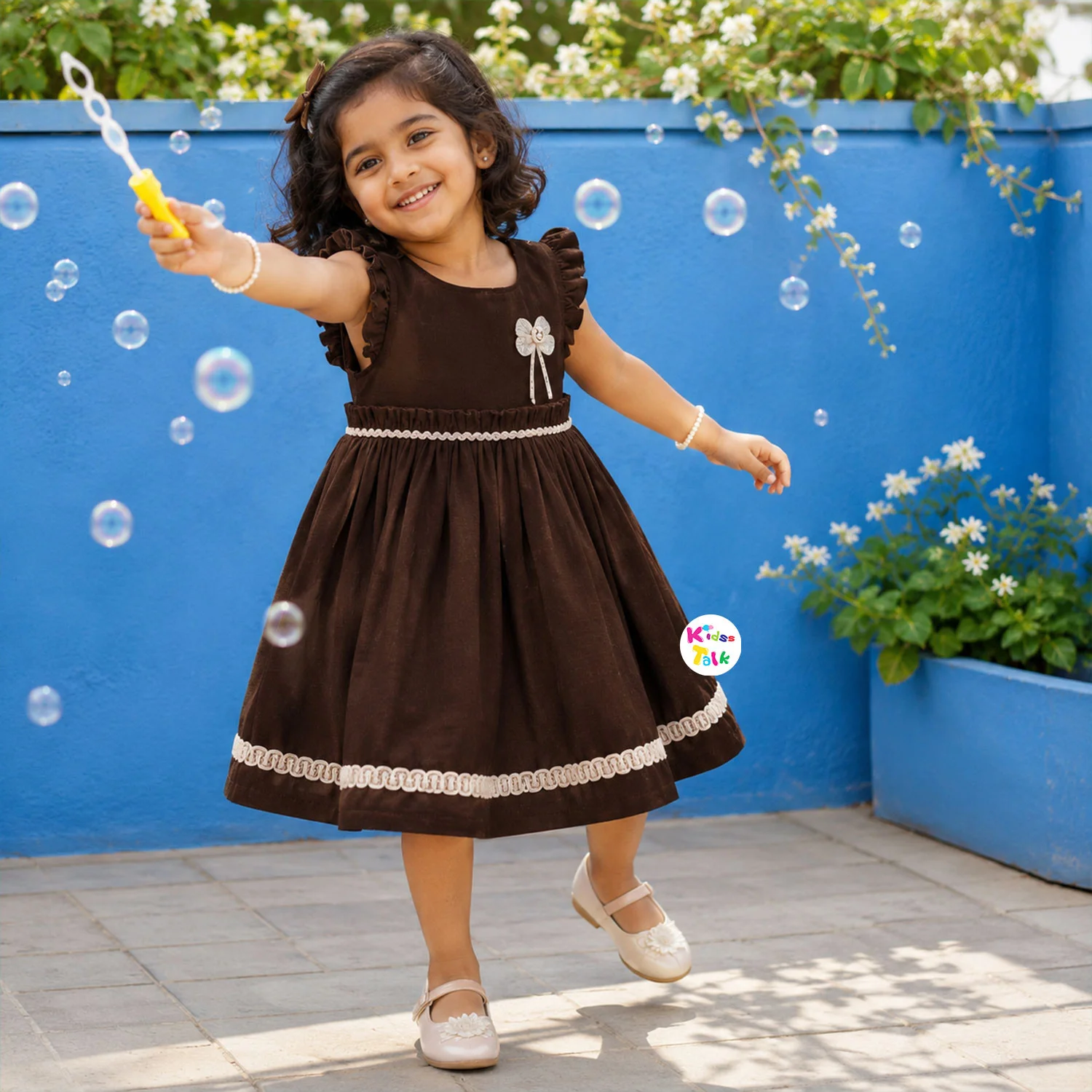 Soft Cotton Ruffle Sleeve Frock With Bow - Brown