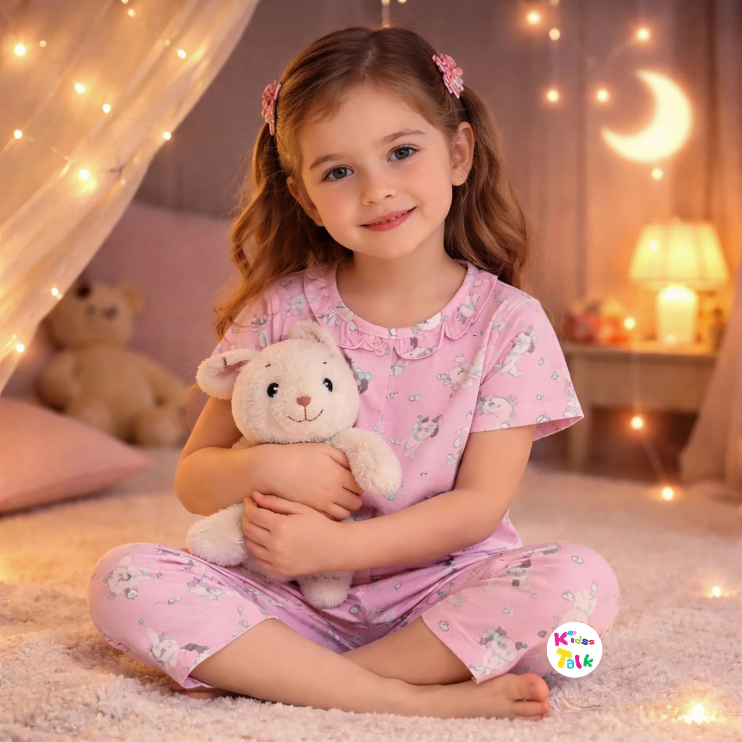 Cotton Knitted Half Sleeve Night Suit With Cute Print - Baby Pink