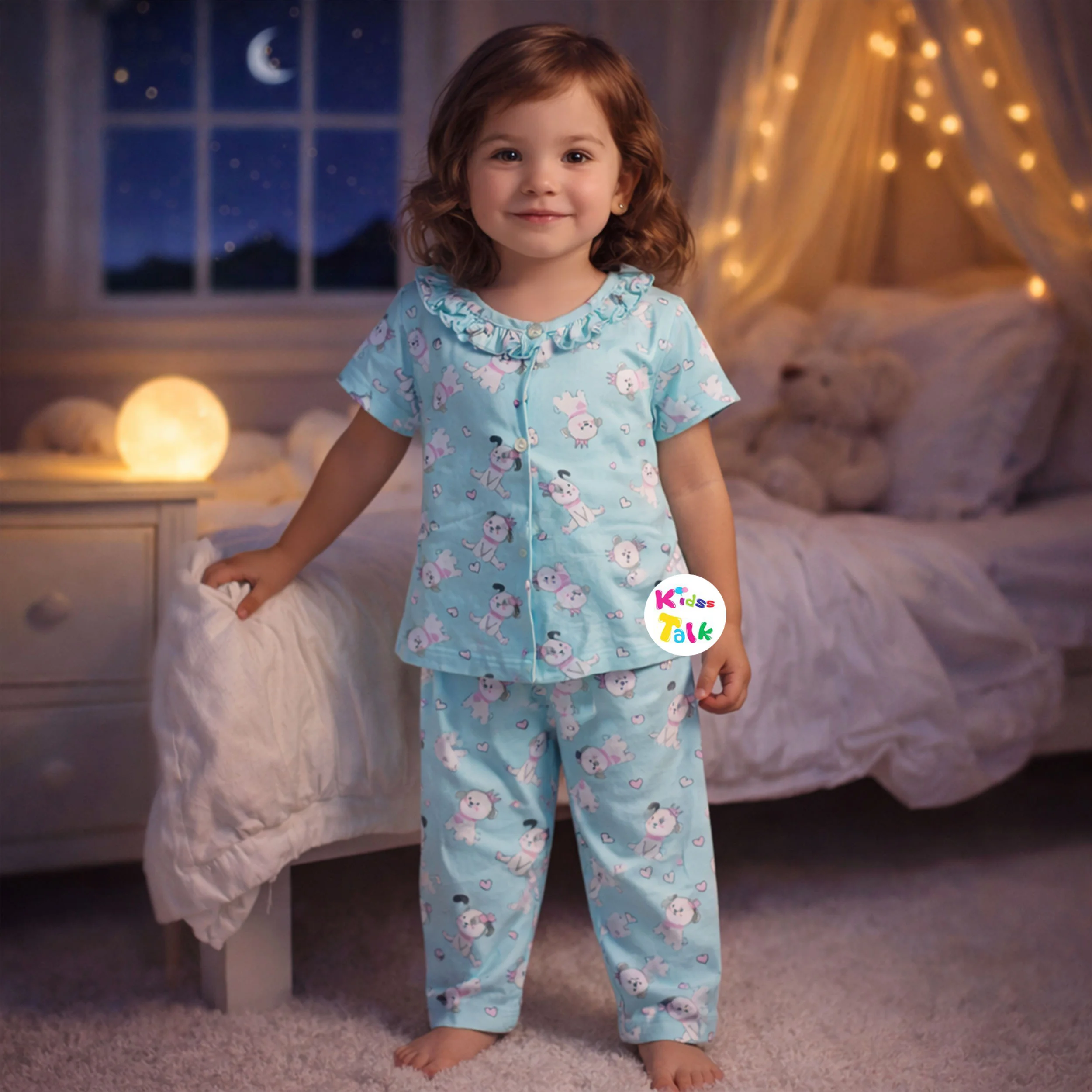 Cotton Knitted Half Sleeve Night Suit With Cute Print - Mint Green