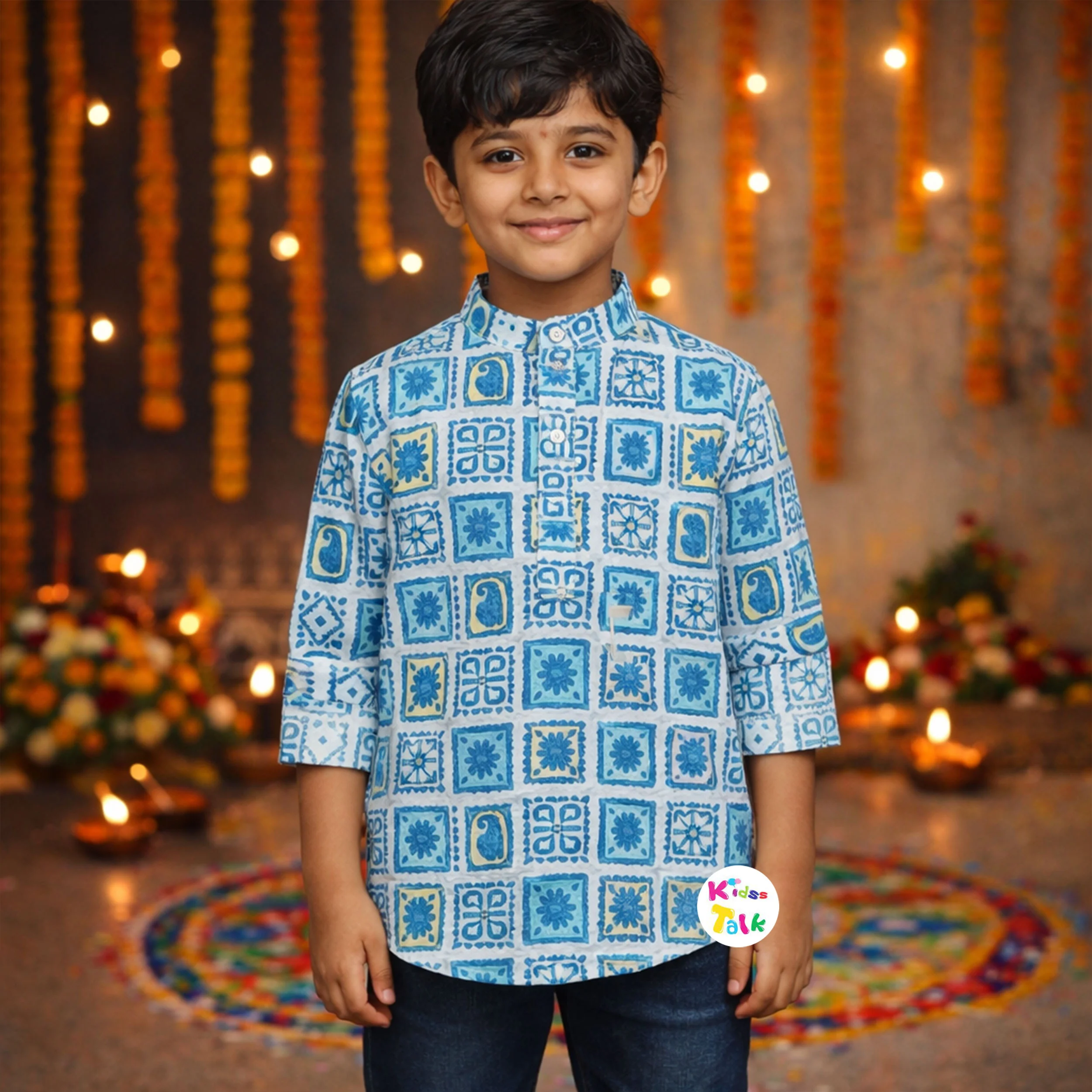 Muslin Full Sleeve Shirt With Abstract Printed - Blue