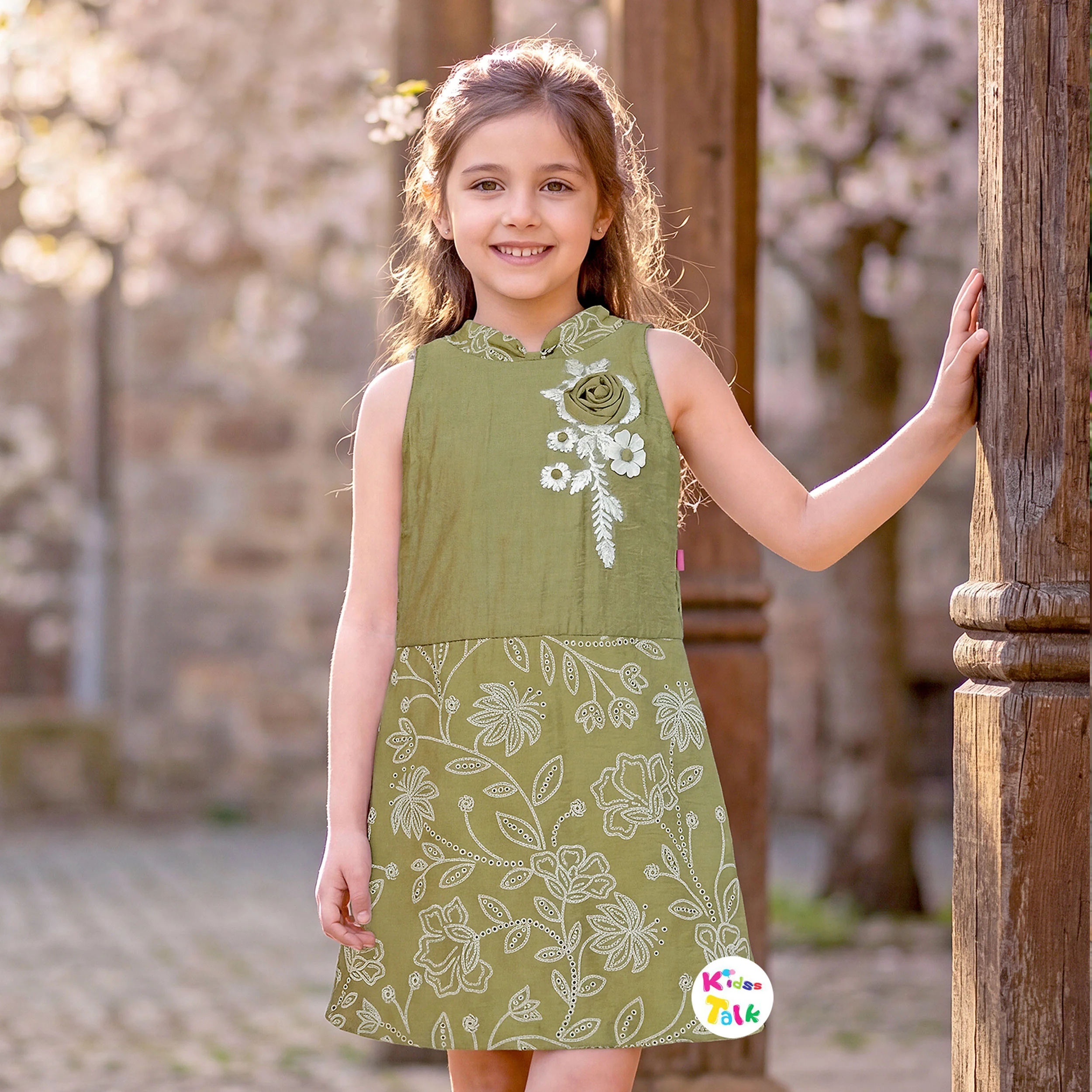 Cotton Sleeveless Party Frock With Flower Applique - Olive Green